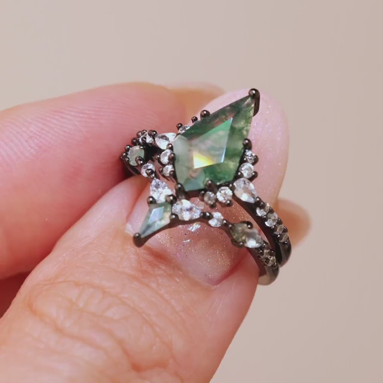 Moss Agate Ring Set, Green Moss Agate Ring, Sterling Silver Gun Plated Ring, Nature-Inspired Ring, Four Piece Moss Agate Ring for Her