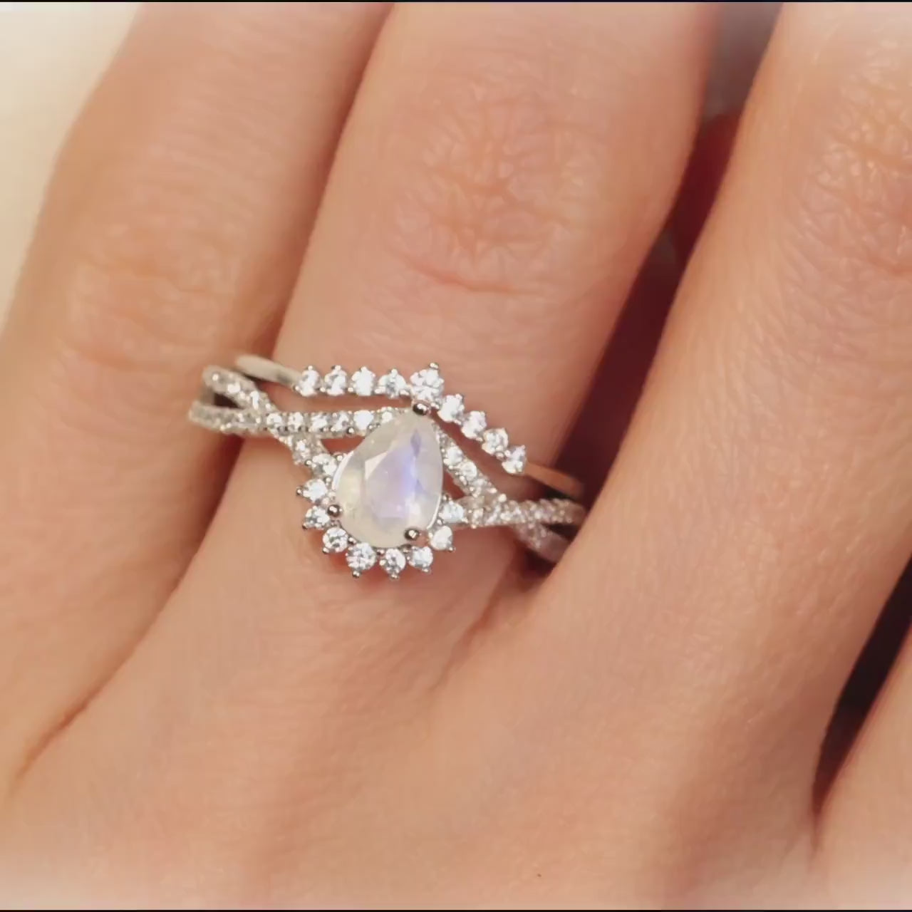 Moonstone Ring Set, Natural Moonstone Ring, Pear Cut Ring, Vintage Sterling Silver Engagement Ring, Dainty Promise Ring, Ring for Her