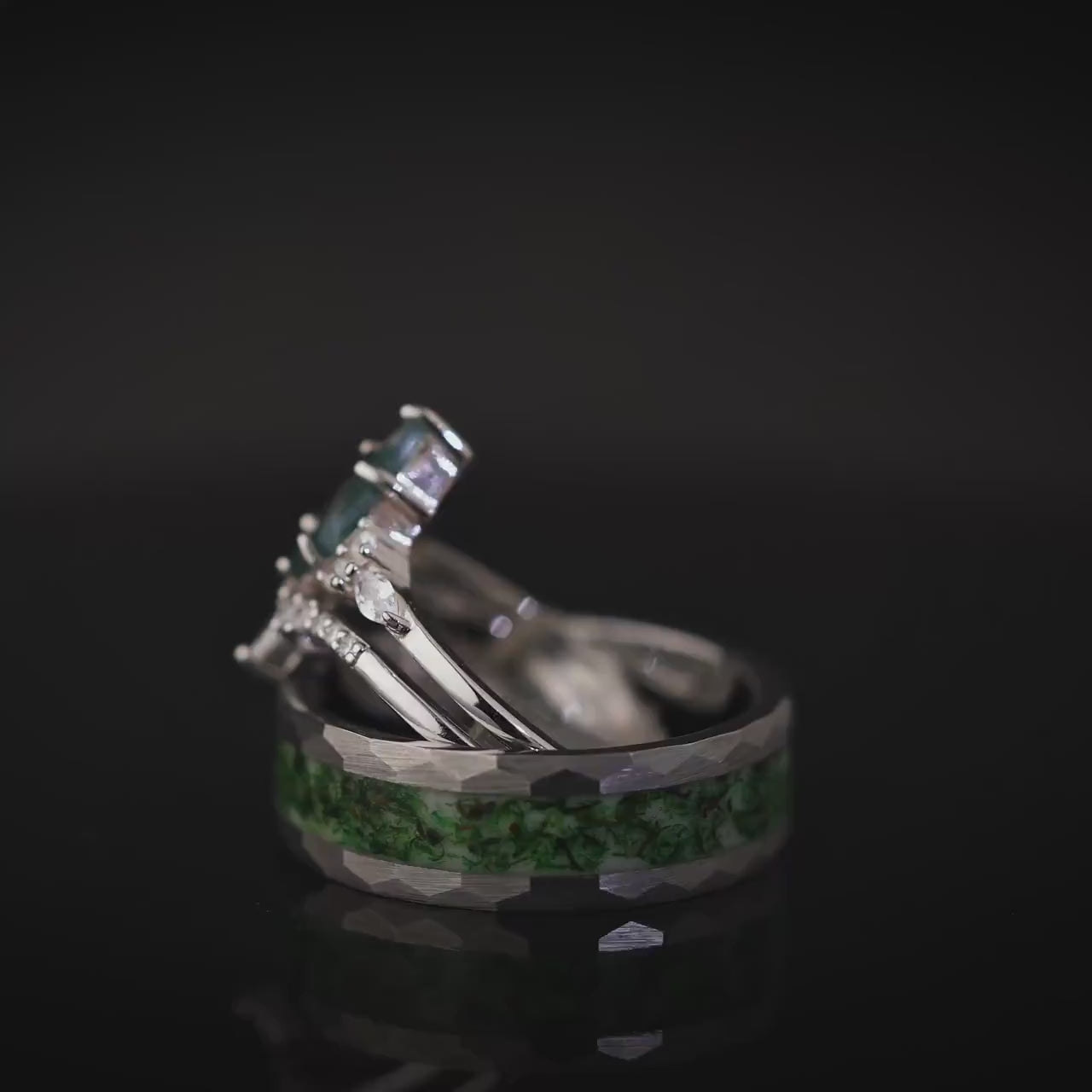 Moss Agate Ring Set: Tungsten Band, Couples Wedding Bands