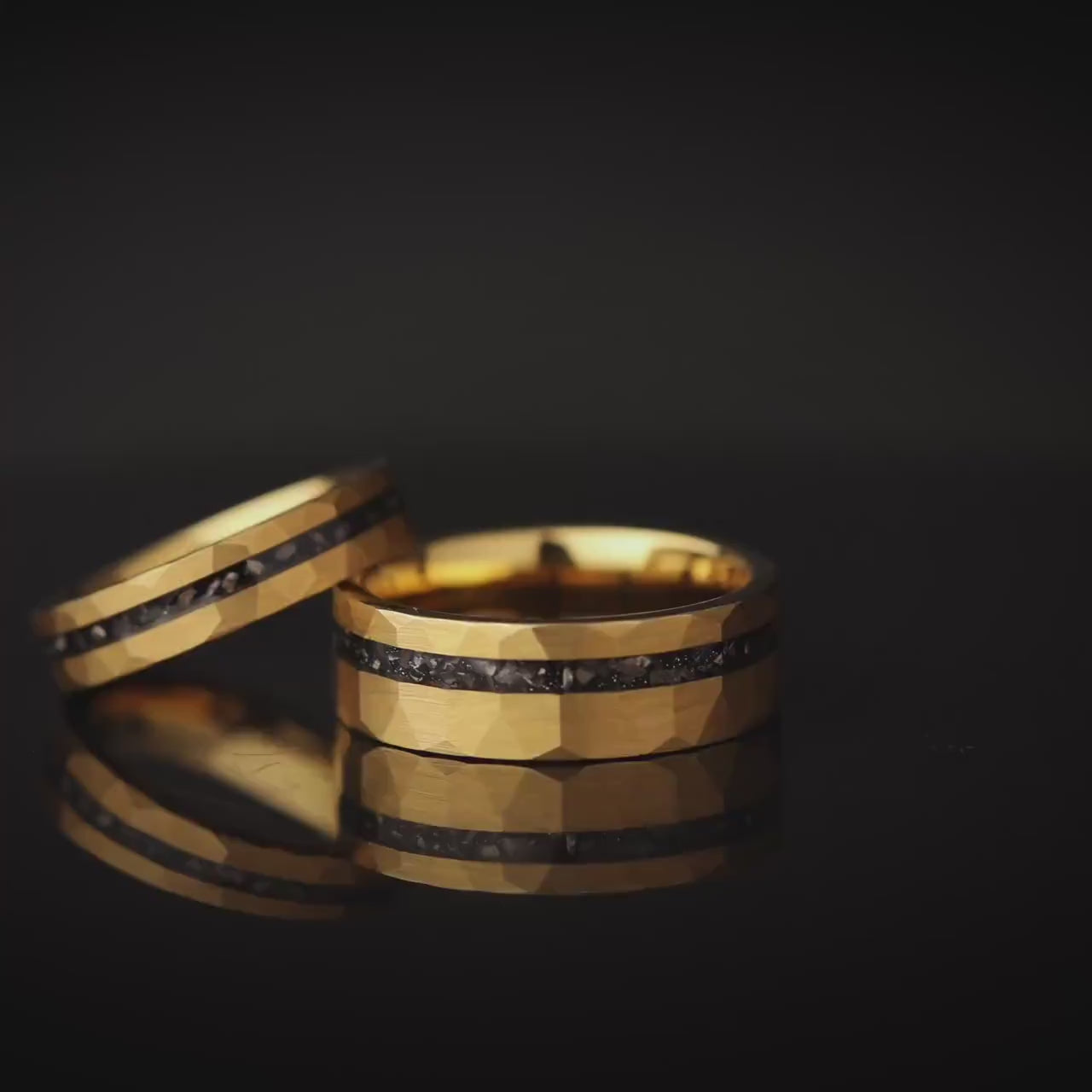 Hammered Gold Meteorite Rings Set: 24K Tungsten Couples Wedding Band