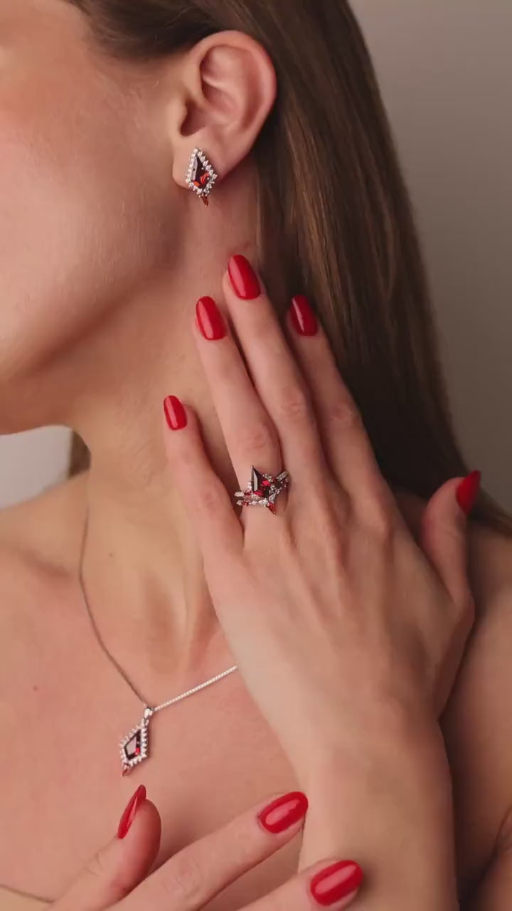 Garnet Ring and Earring Set, Garnet Stone Matching Set, Woman Earring and Ring Set, Garnet Earring Set and Garnet Ring, Silver Garnet Sets