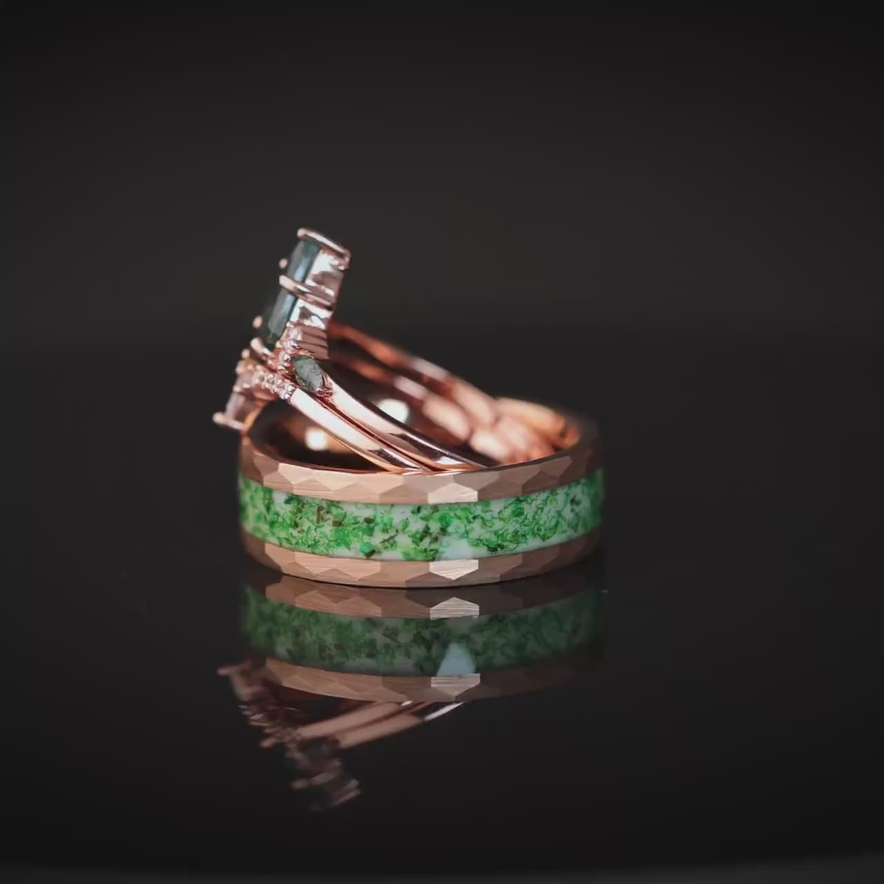 Moss Agate Ring Set: Tungsten Band, Sterling Silver Rose Gold Wedding Bands