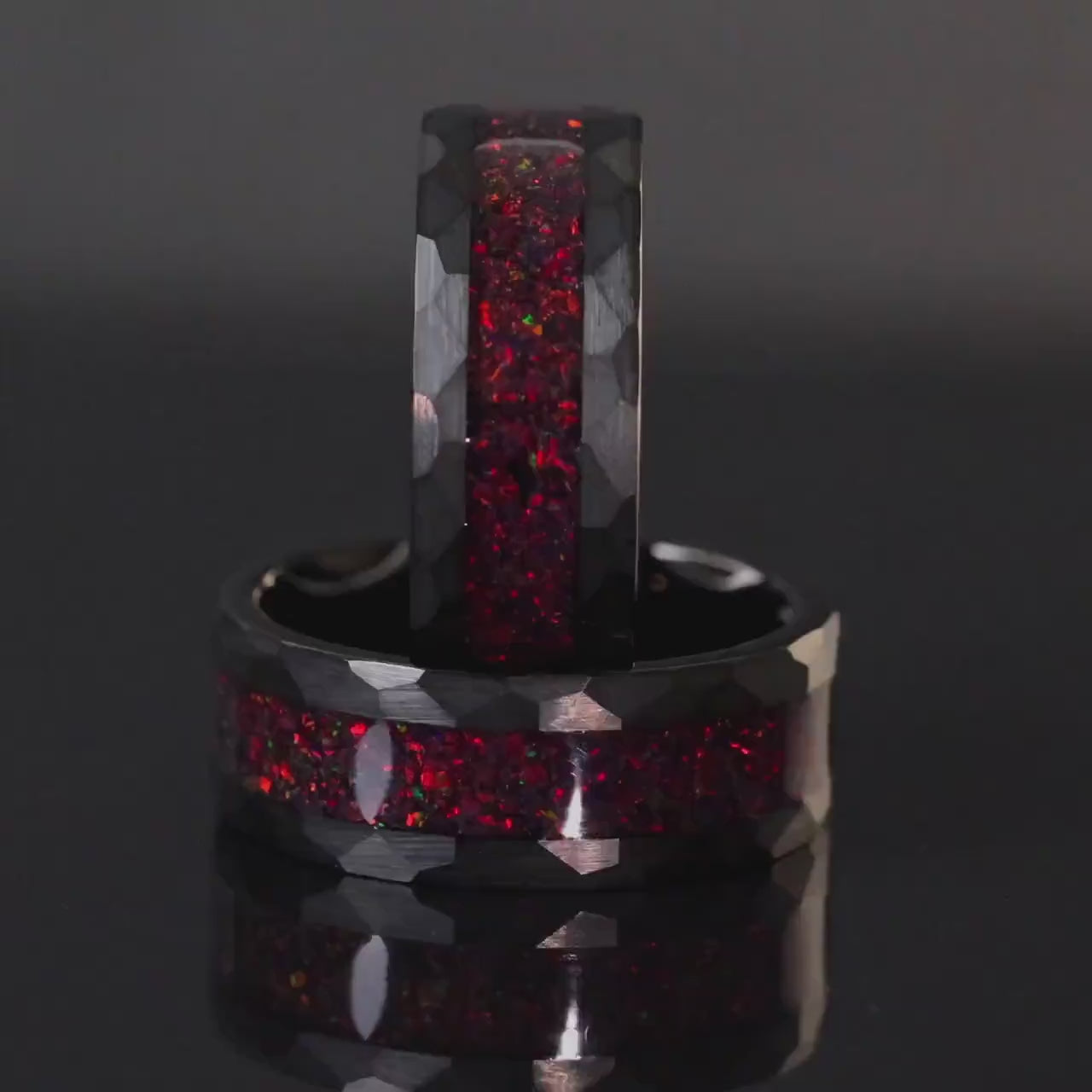 Crushed Black Fire Opal, Hammered Opal Ring, Black Tungsten Mens Ring, Mens Wedding Ring, Mens Wedding Band, Red Opal Ring, 8mm Ring