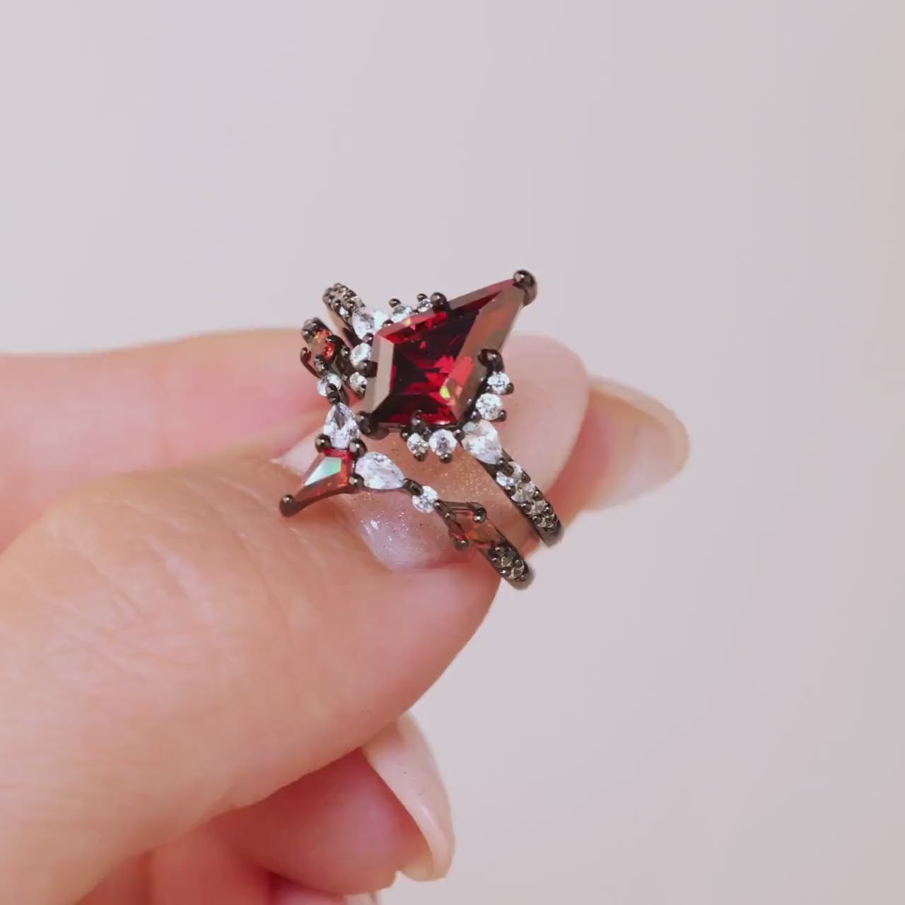 Garnet Ring, Garnet Ring for Her, Red Ring Set, Sterling Silver Gun Plated Ring, Unique Engagement Ring, Garnet Wedding Set