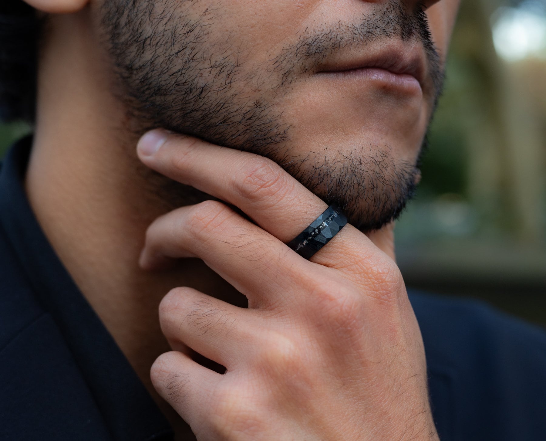 Meteor Fall - Hammered Black Meteorite Tungsten Ring, 8mm