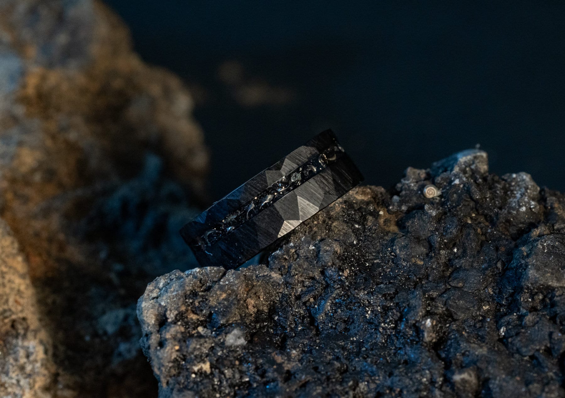 Meteor Fall - Hammered Black Meteorite Tungsten Ring, 8mm