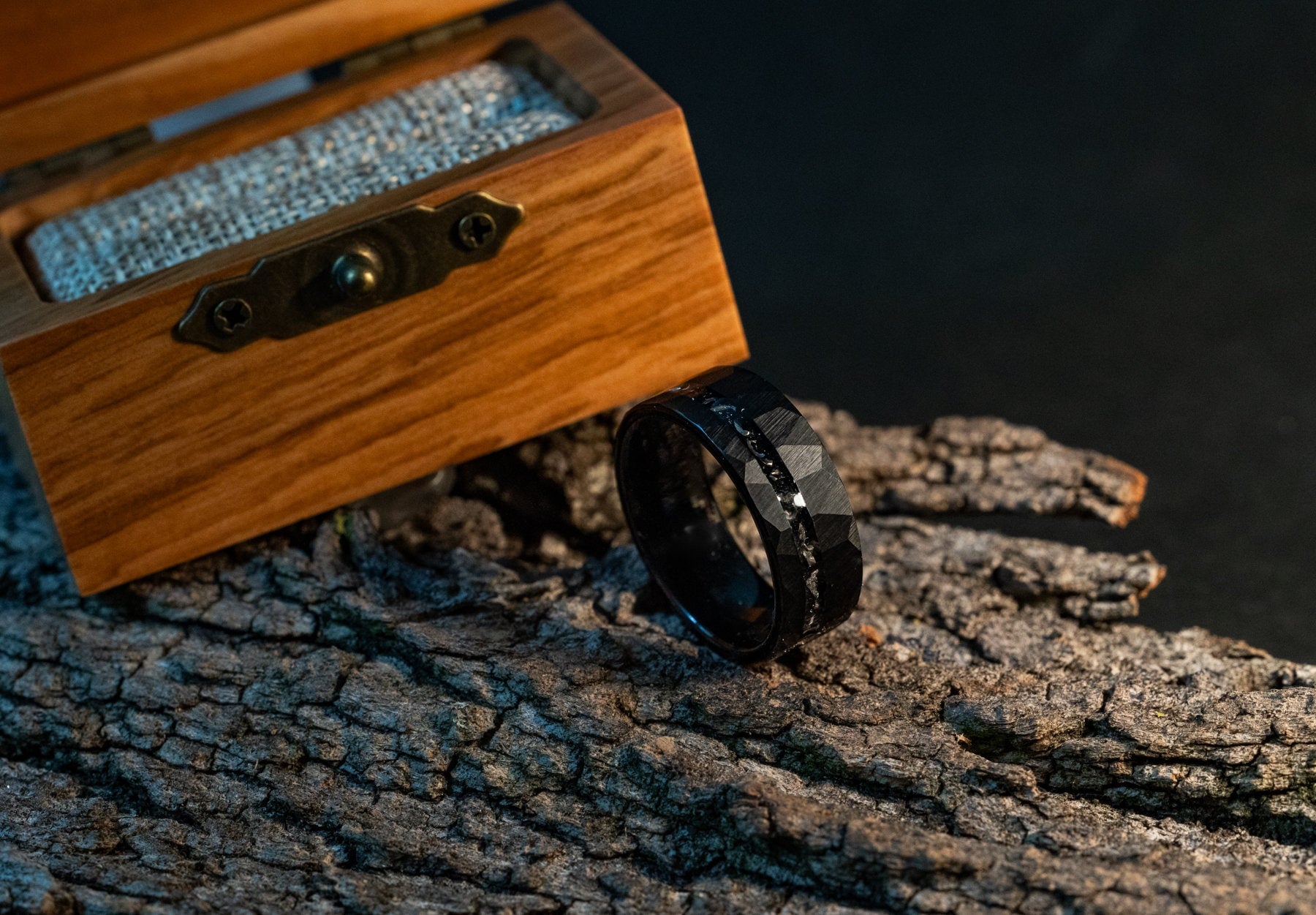Meteor Fall - Hammered Black Meteorite Tungsten Ring, 8mm
