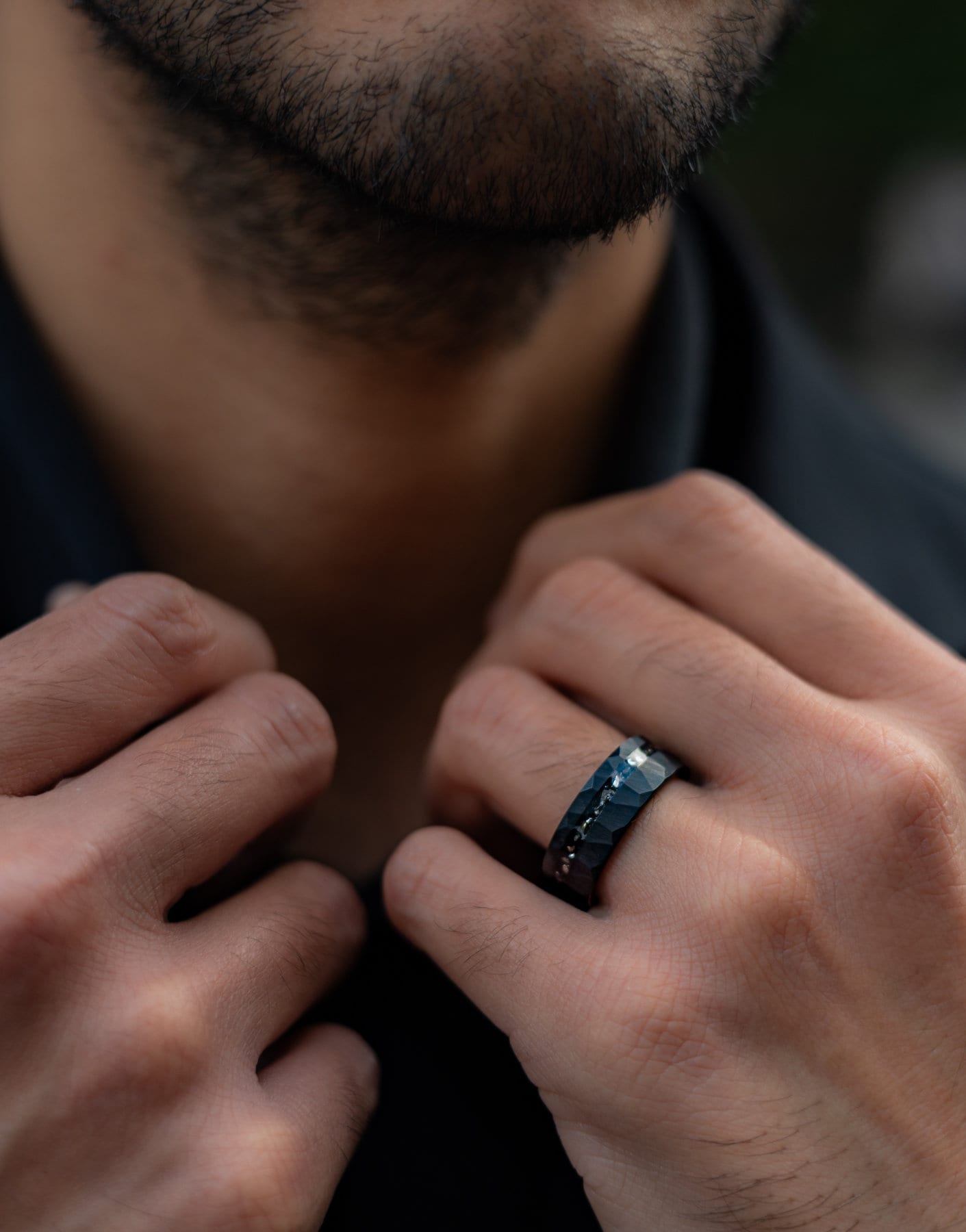 Meteor Fall - Hammered Black Meteorite Tungsten Ring, 8mm