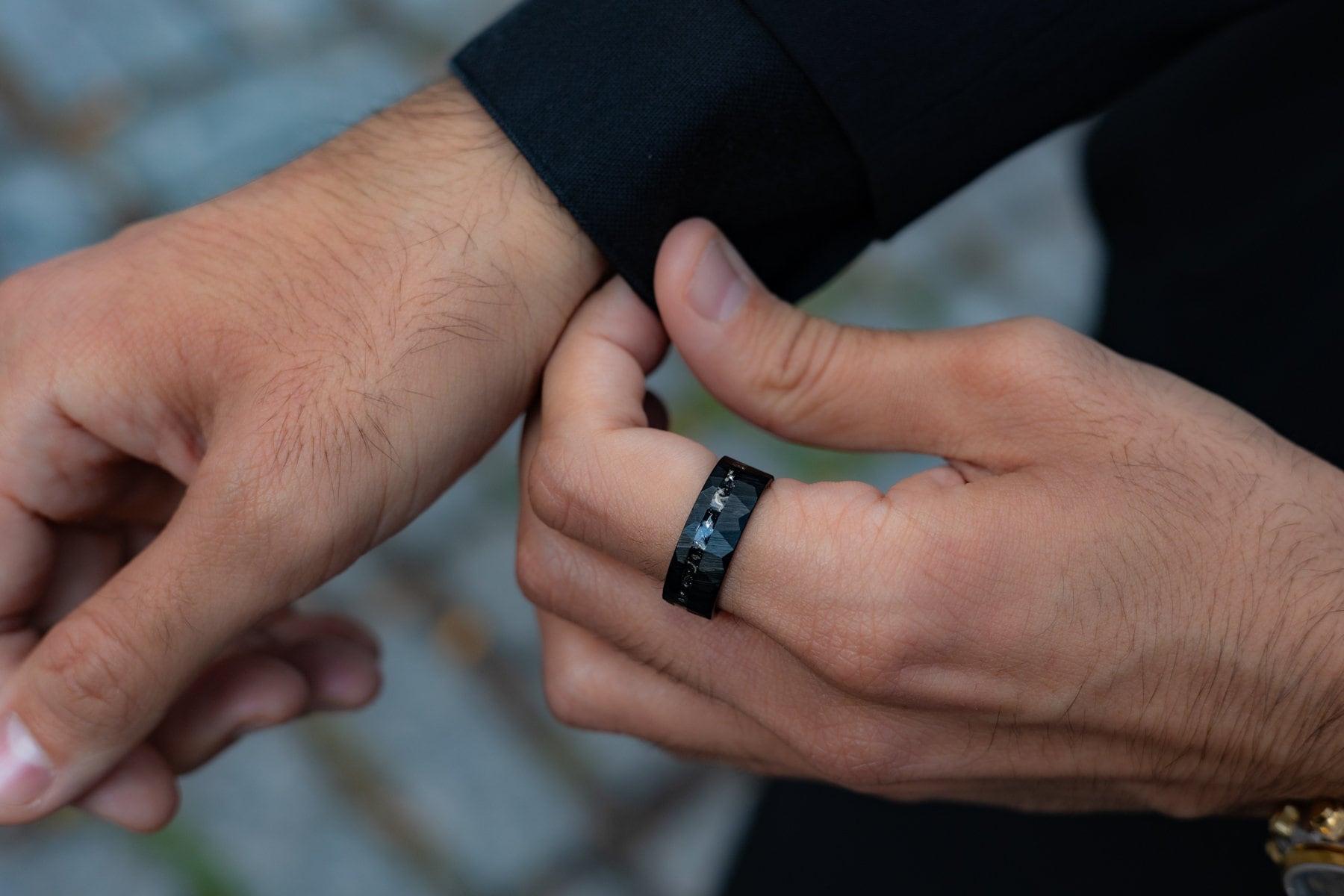 Meteor Fall - Hammered Black Meteorite Tungsten Ring, 8mm