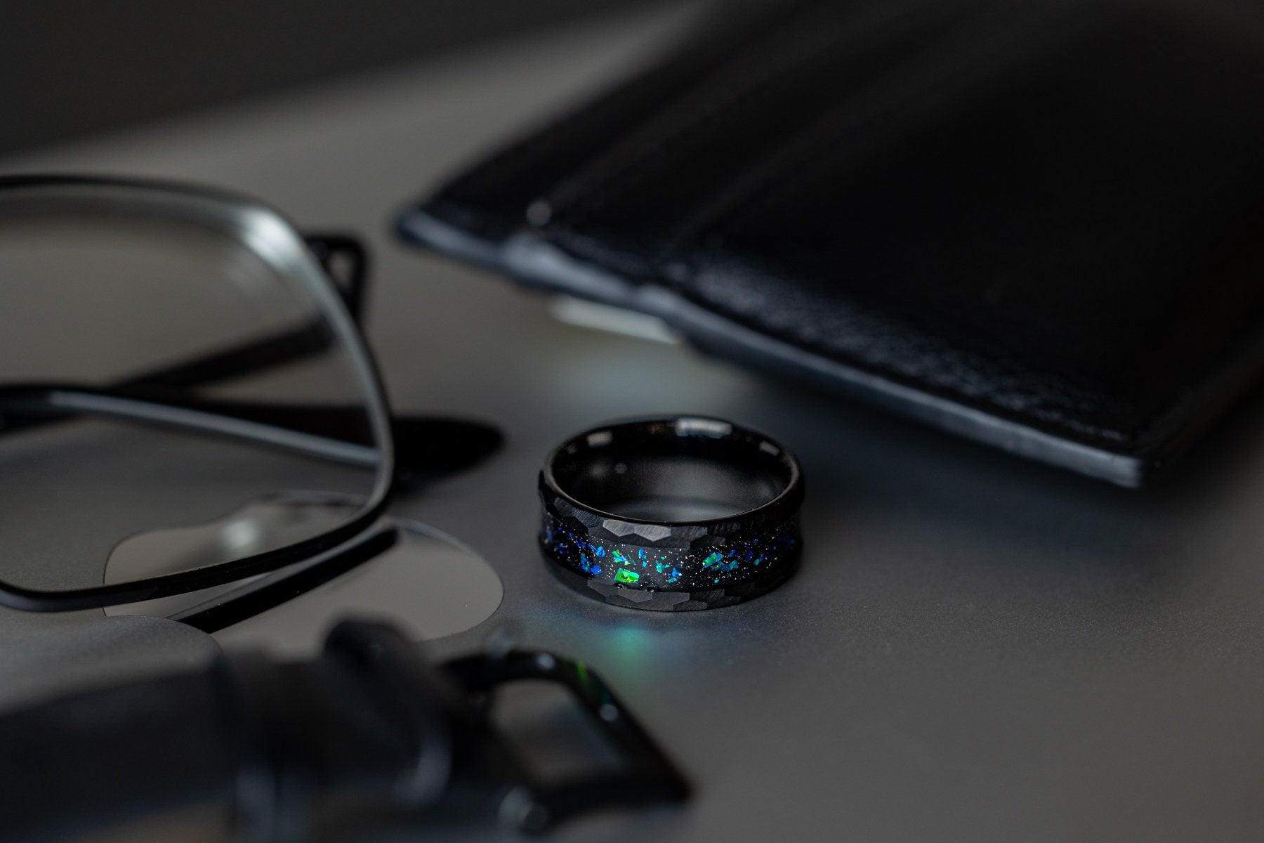 Green Galaxy - Space Galaxy Ring, Black Opal and Green Sandstone Ring, 8mm