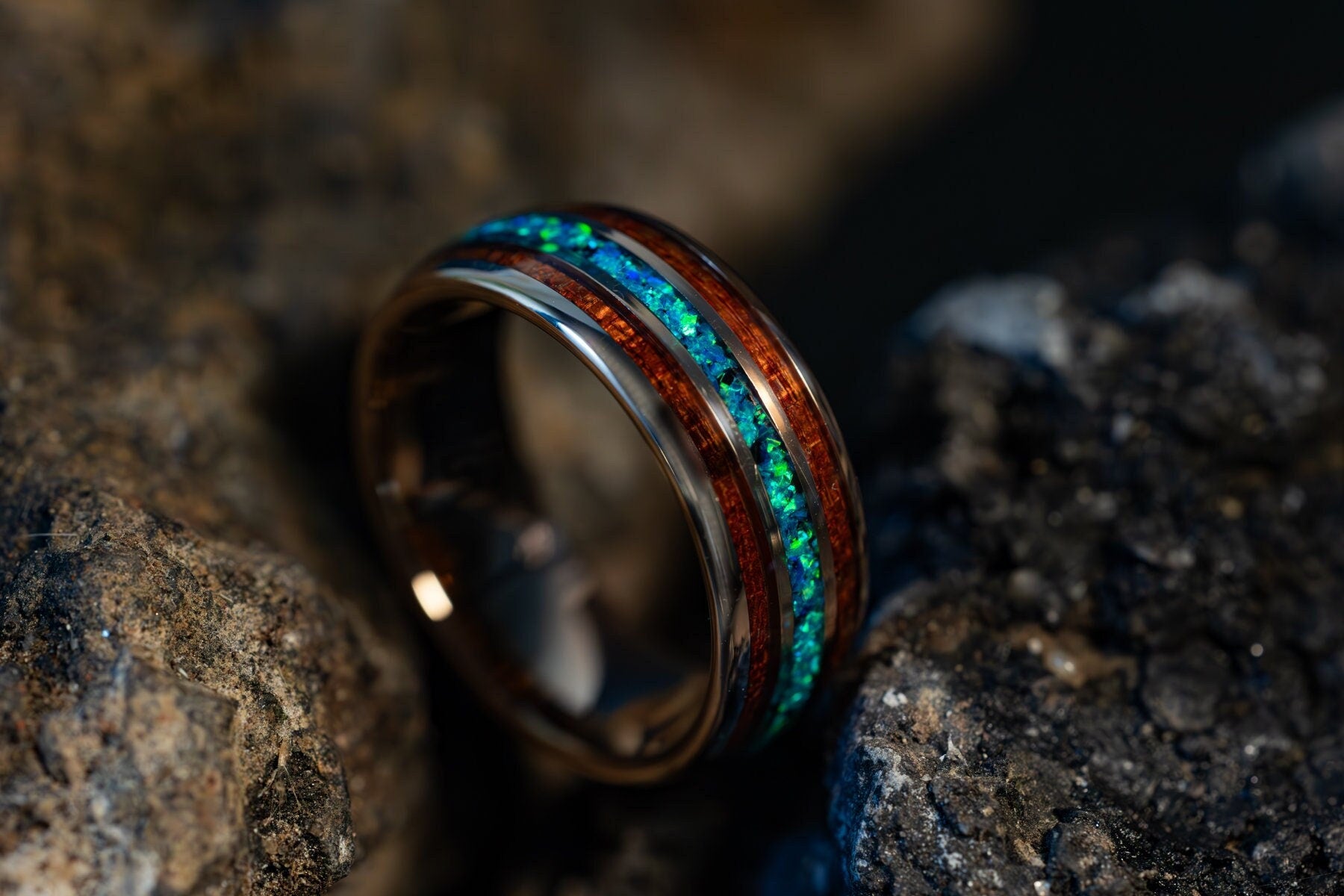 Earthen Wood - Hawaiian Koa Wood & Blue Opal Tungsten Ring, 8mm