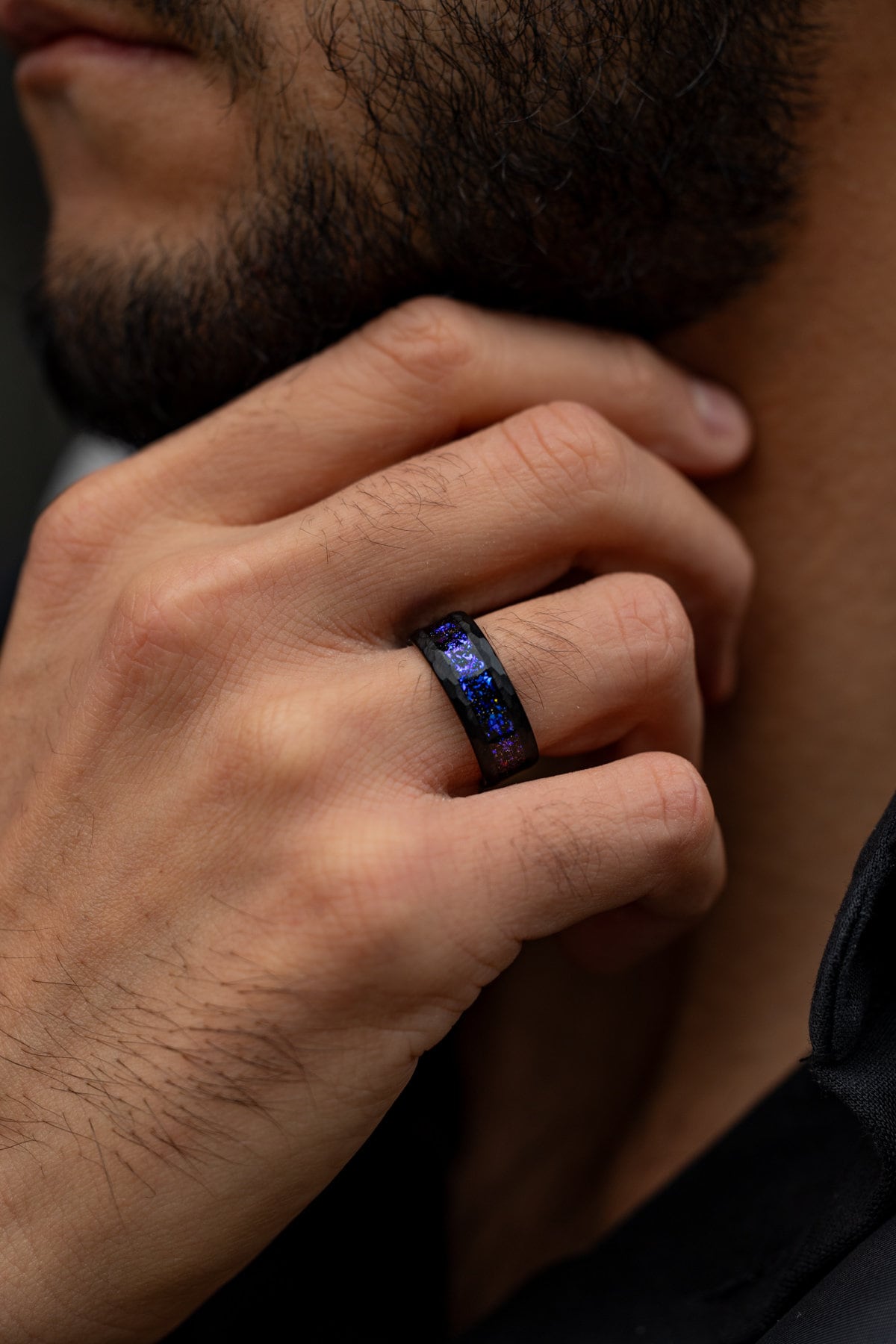 Space Galaxy Ring, Couples Set Space Galaxy Ring, His and Hers Wedding Rings, Hammered Wedding Ring Set, Black Opal and Blue Sandstone Ring