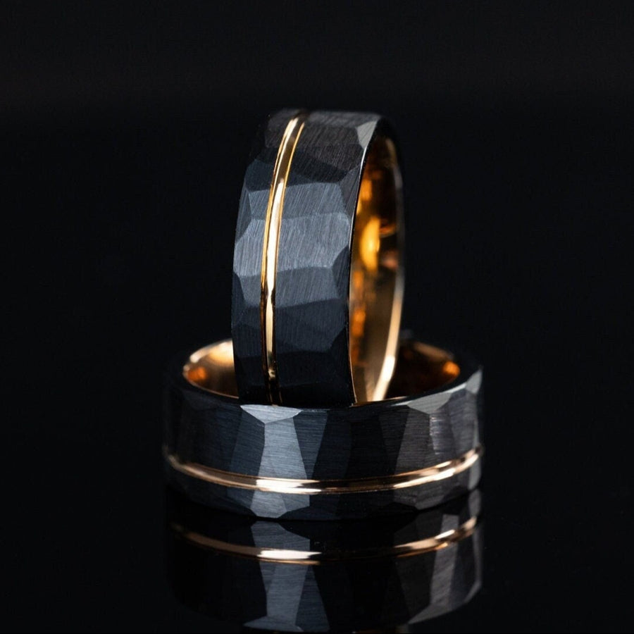 Shadow Fall - Black Hammered Ring for Men, Rose Gold Strip Band, 8mm Width