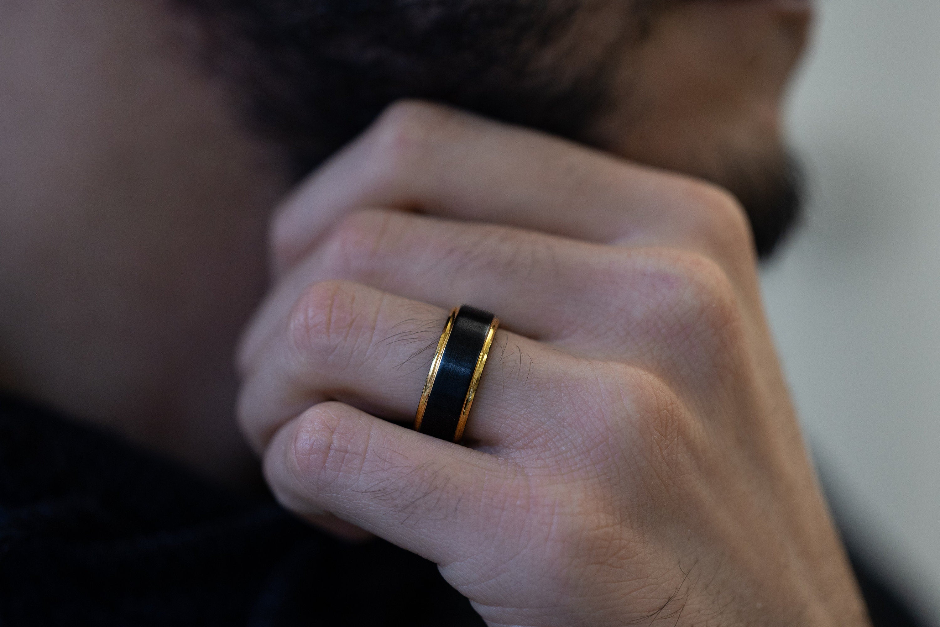Eclipse - Black & Gold Tungsten Ring, 24k Gold Plated Ring, Mens Wedding Ring, 8mm Ring