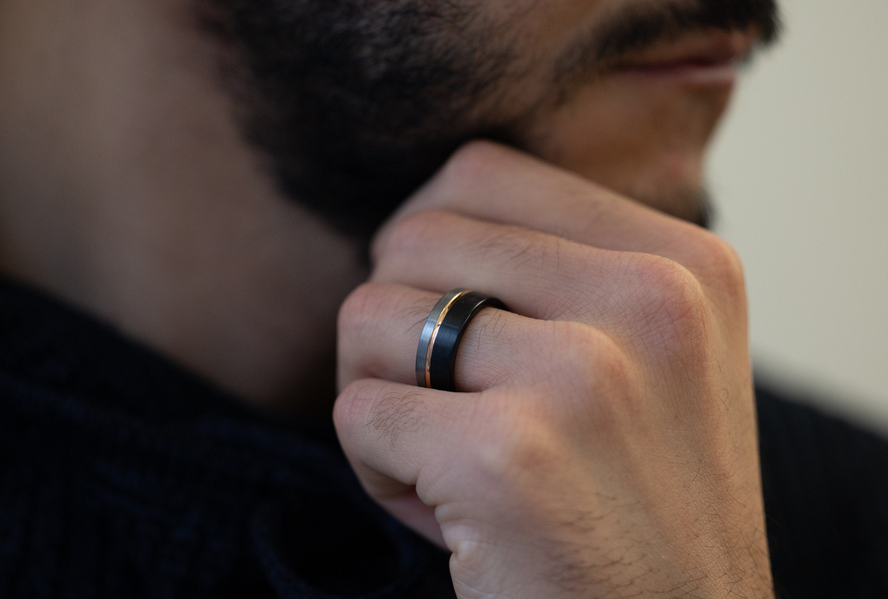 Moonlight - Tungsten Silver & Black Ring, Rose Gold Inlay Band, 8mm