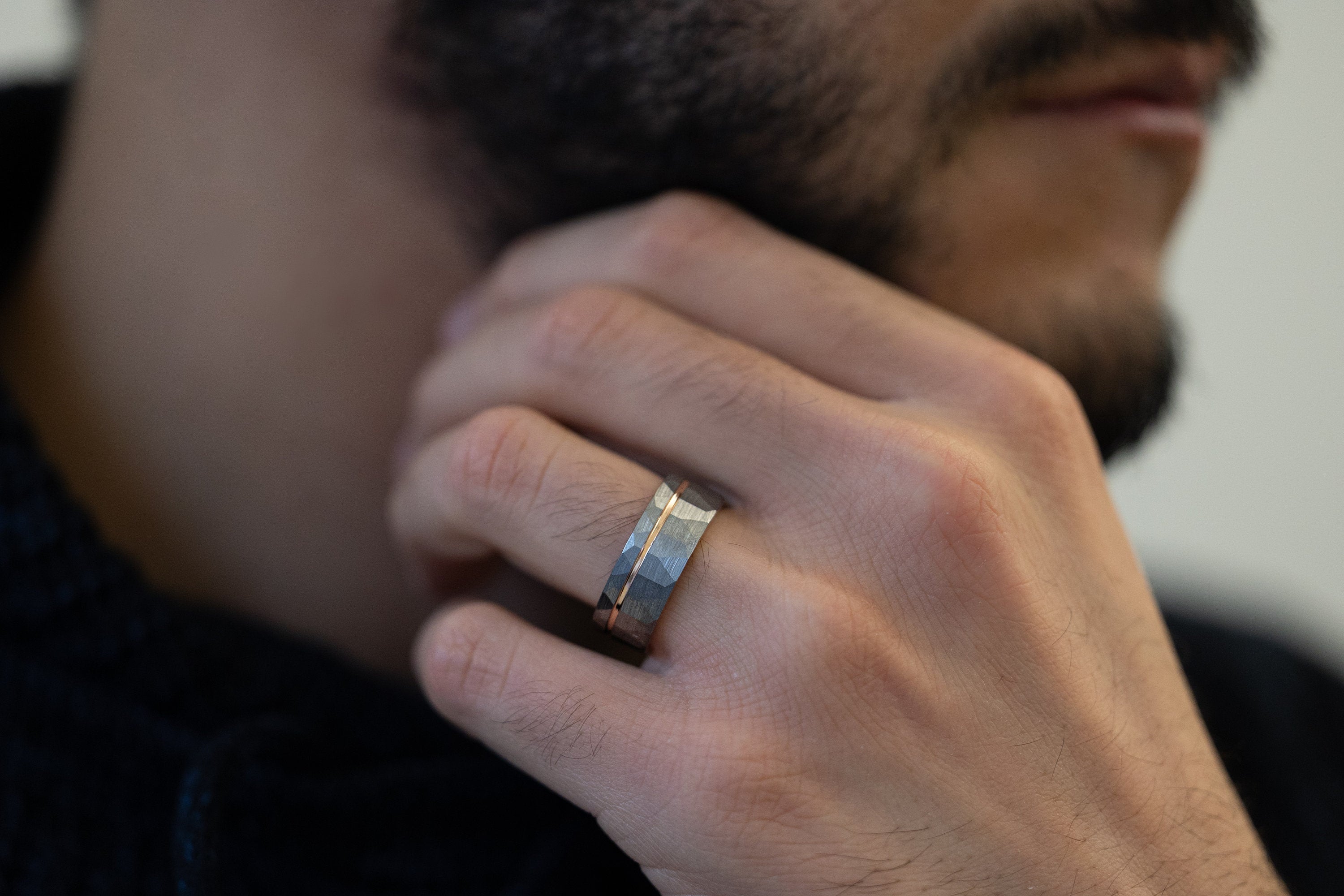 Bronzed Dawn - Hammered Tungsten Ring, Rose Gold Strip Band, 8mm