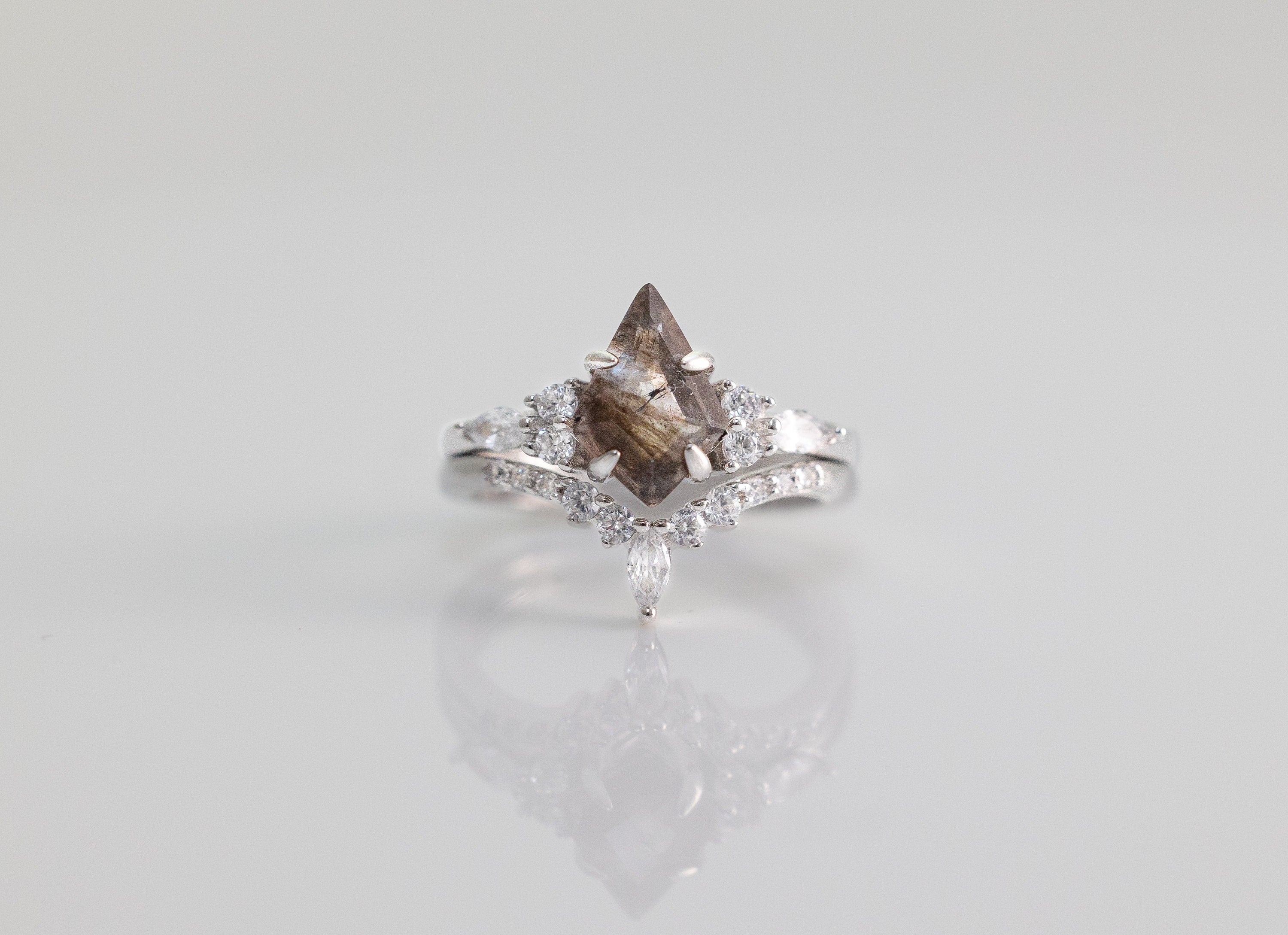Salt and Pepper Ring, Kite Cut Diamonds Rings, Quartz Ring, Raw Salt and Pepper Diamond Ring, Skye Kite Ring, Silver Engagement Ring