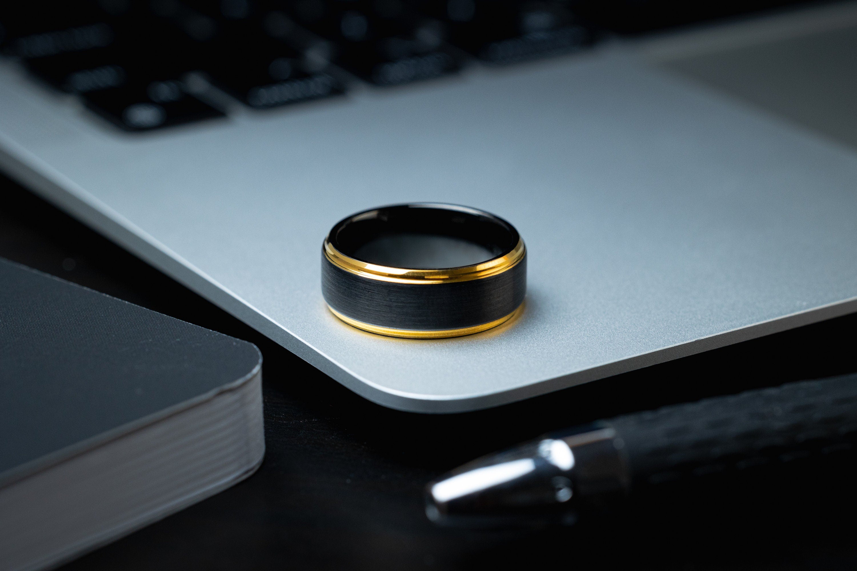 Eclipse - Black & Gold Tungsten Ring, 24k Gold Plated Ring, Mens Wedding Ring, 8mm Ring