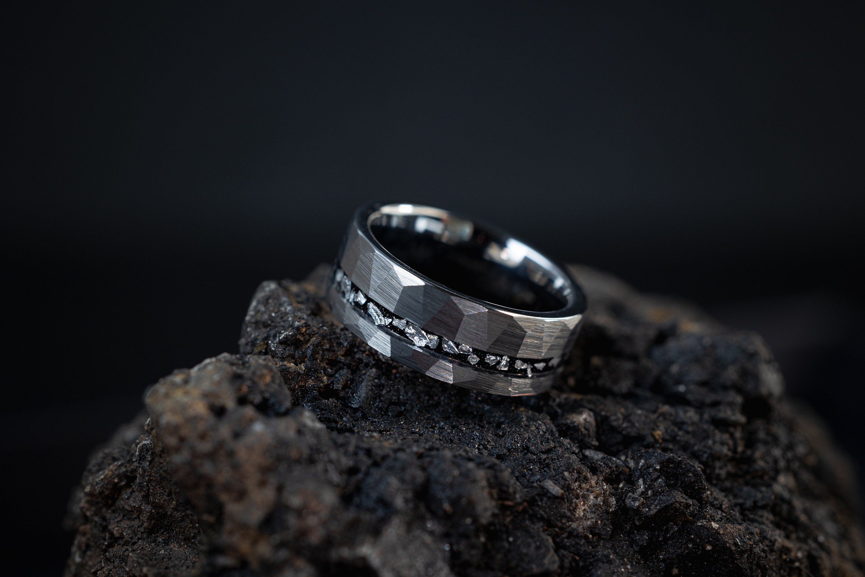 Galactic Stellar - Silver Meteorite Ring, Hammered Tungsten Ring, 8mm
