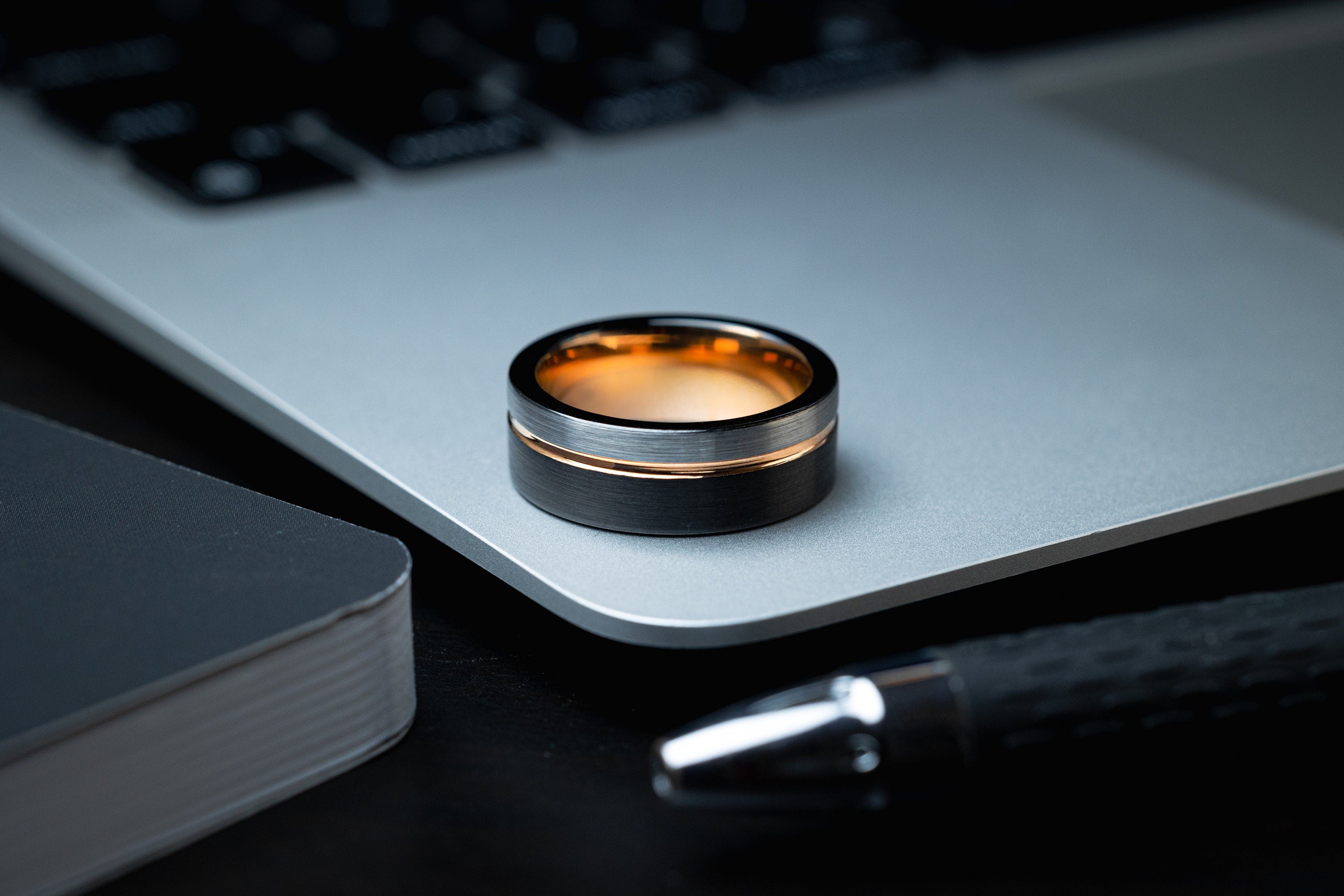 Moonlight - Tungsten Silver & Black Ring, Rose Gold Inlay Band, 8mm