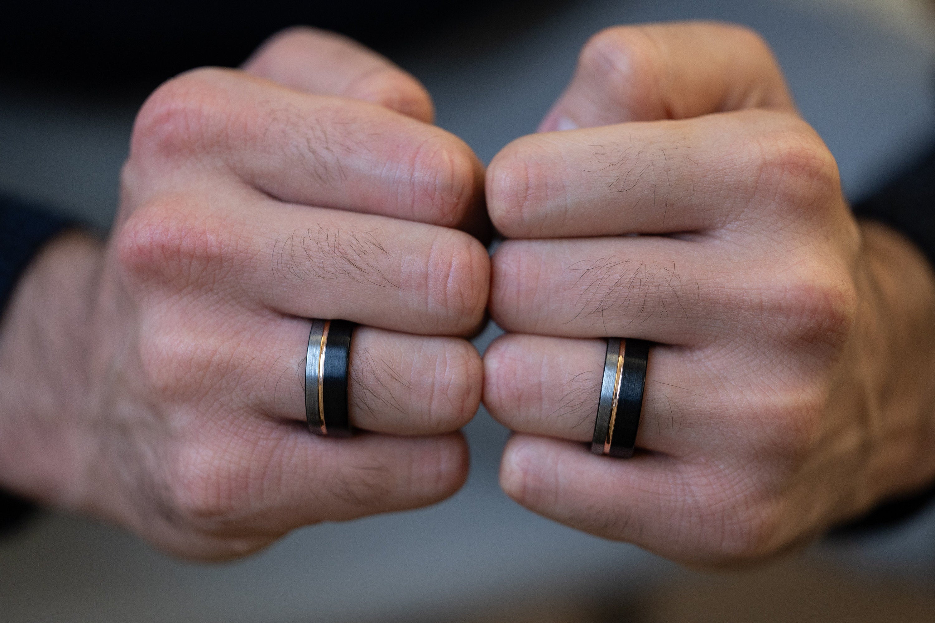 Moonlight - Tungsten Silver & Black Ring, Rose Gold Inlay Band, 8mm