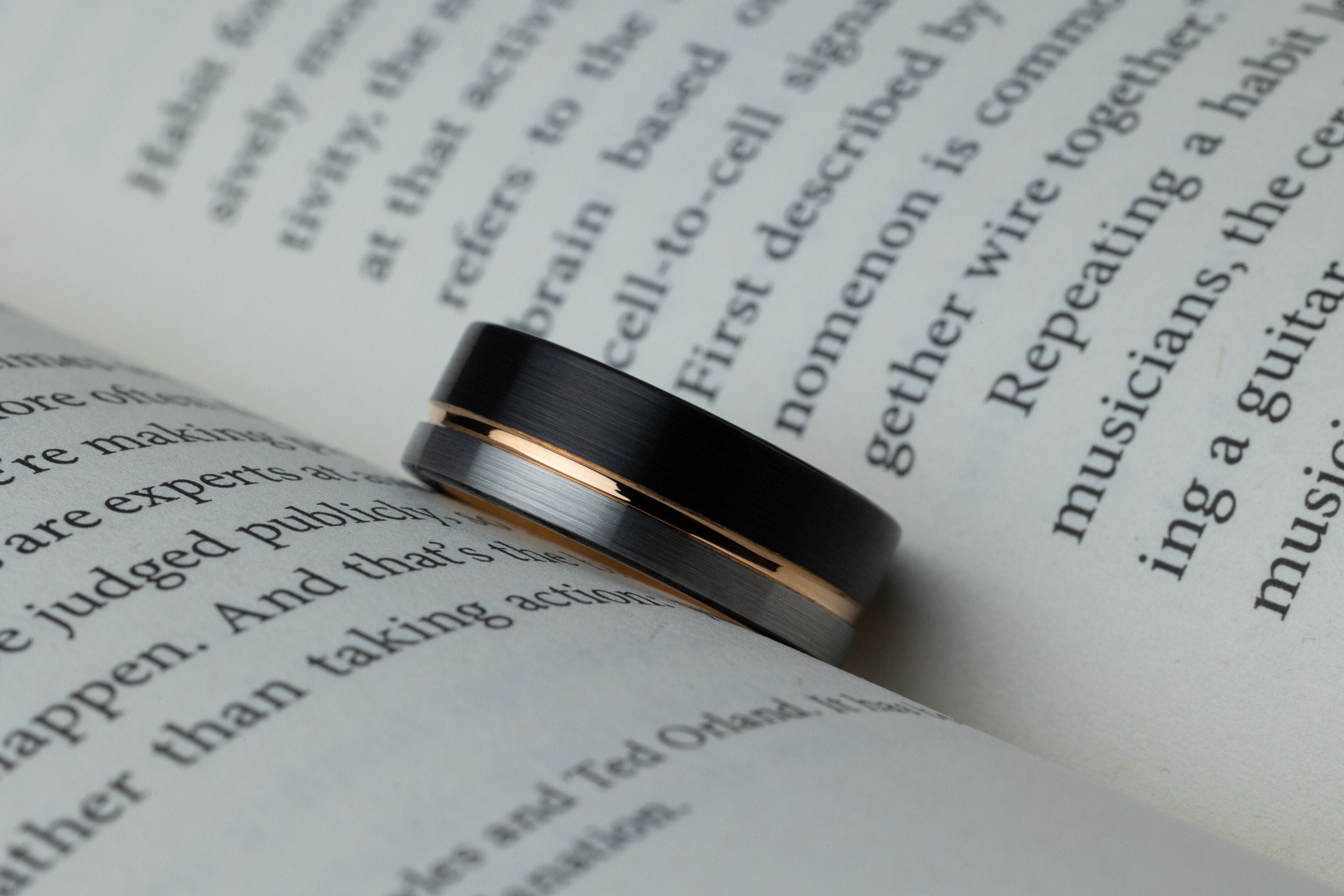 Moonlight - Tungsten Silver & Black Ring, Rose Gold Inlay Band, 8mm