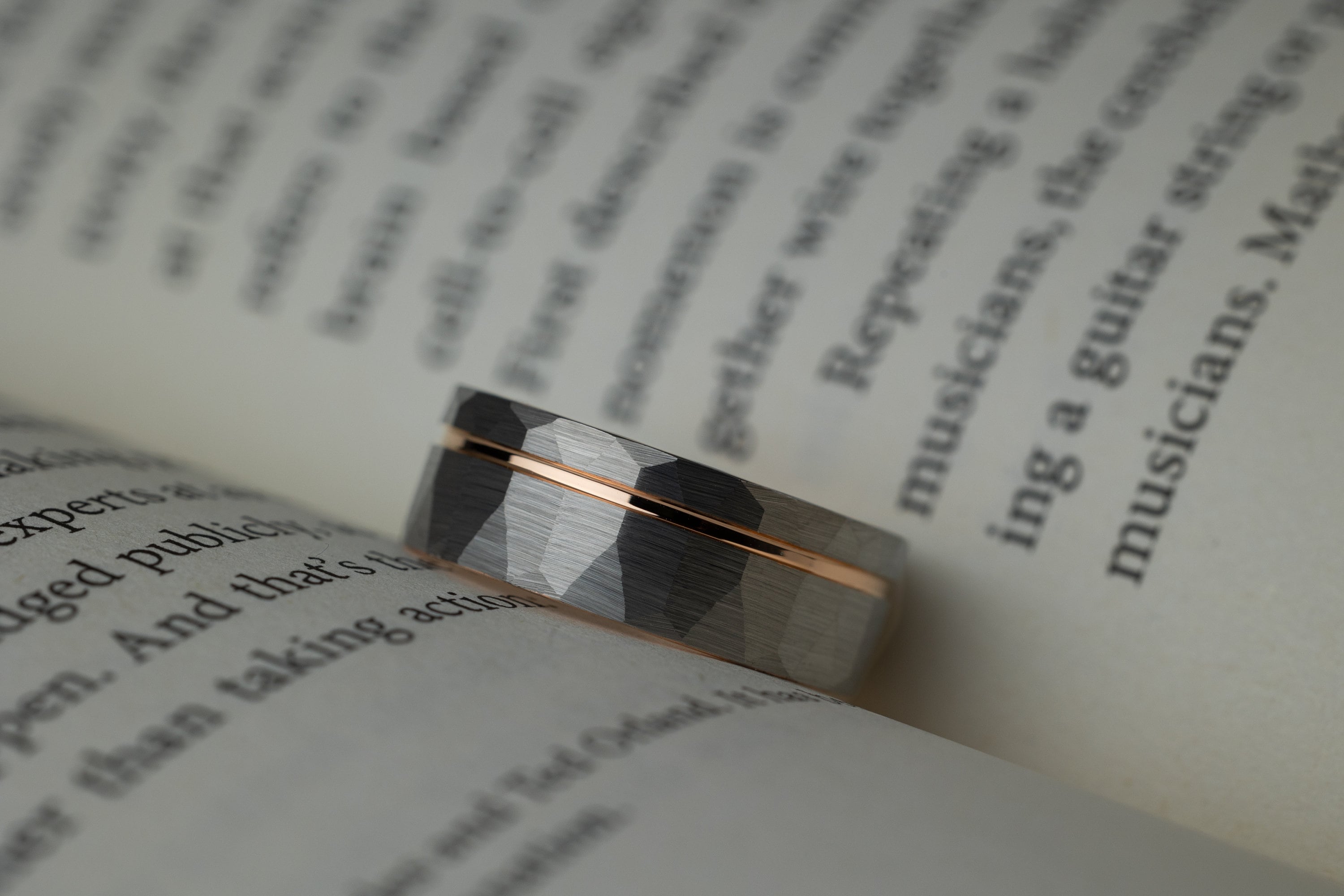 Bronzed Dawn - Hammered Tungsten Ring, Rose Gold Strip Band, 8mm