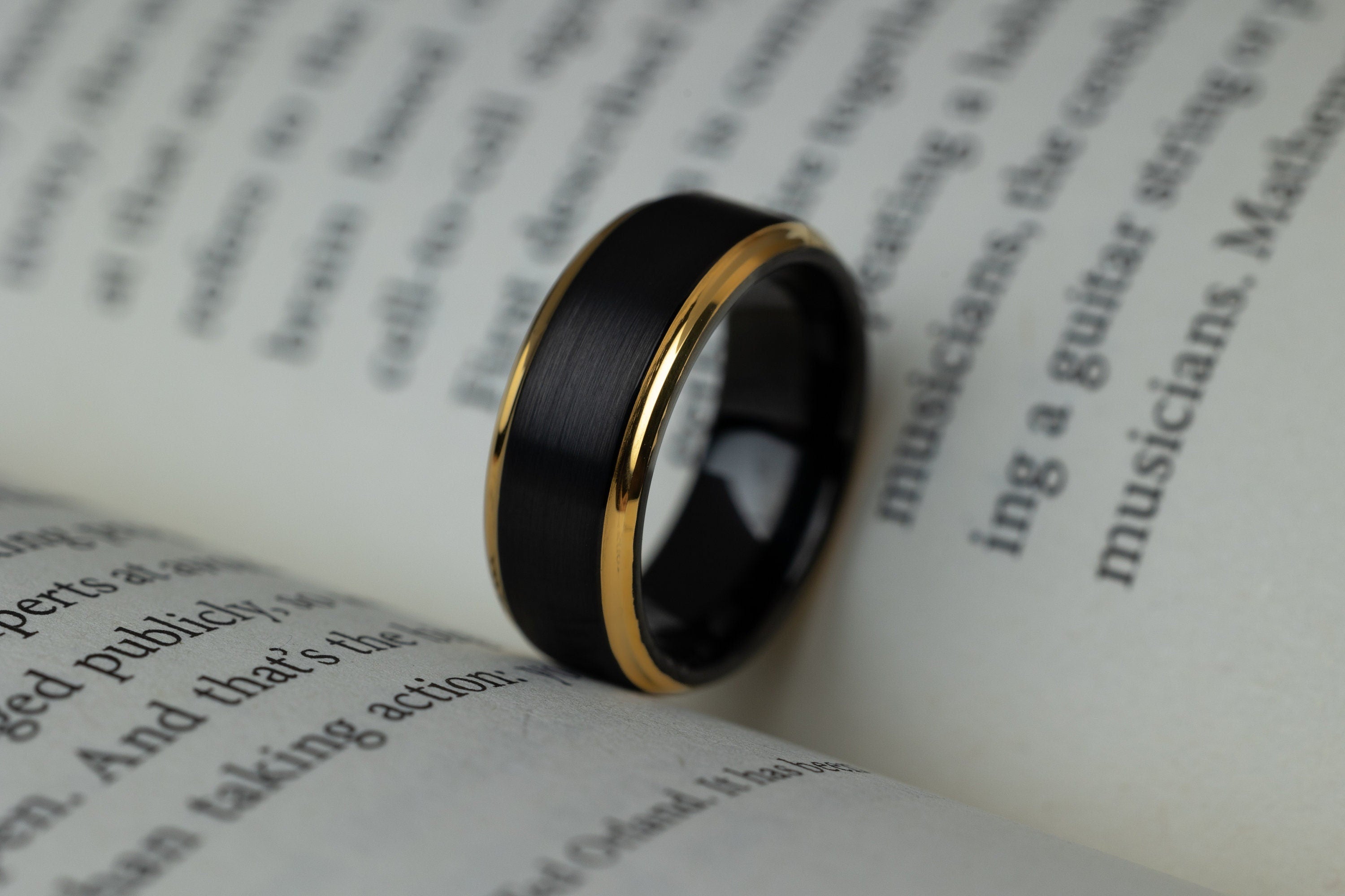 Eclipse - Black & Gold Tungsten Ring, 24k Gold Plated Ring, Mens Wedding Ring, 8mm Ring