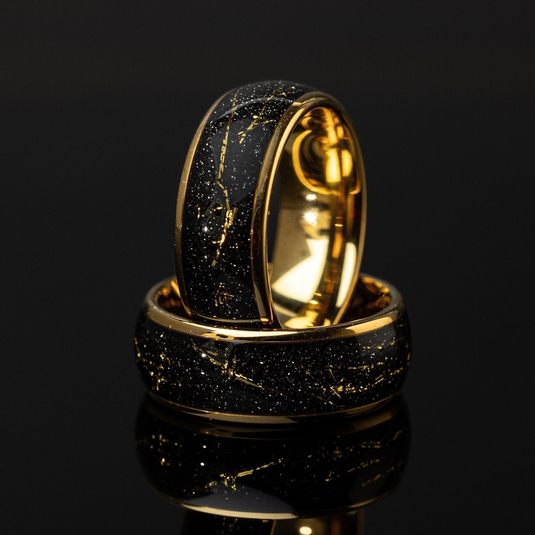 Golden Flash - Cosmic Galaxy Ring, Tungsten Wedding Ring, Gold Space Galaxy Ring, 8mm