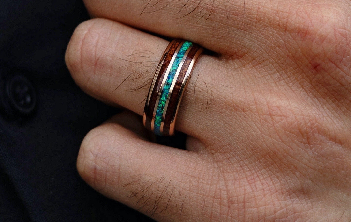 Earthen Wood - Hawaiian Koa Wood & Blue Opal Tungsten Ring, 8mm