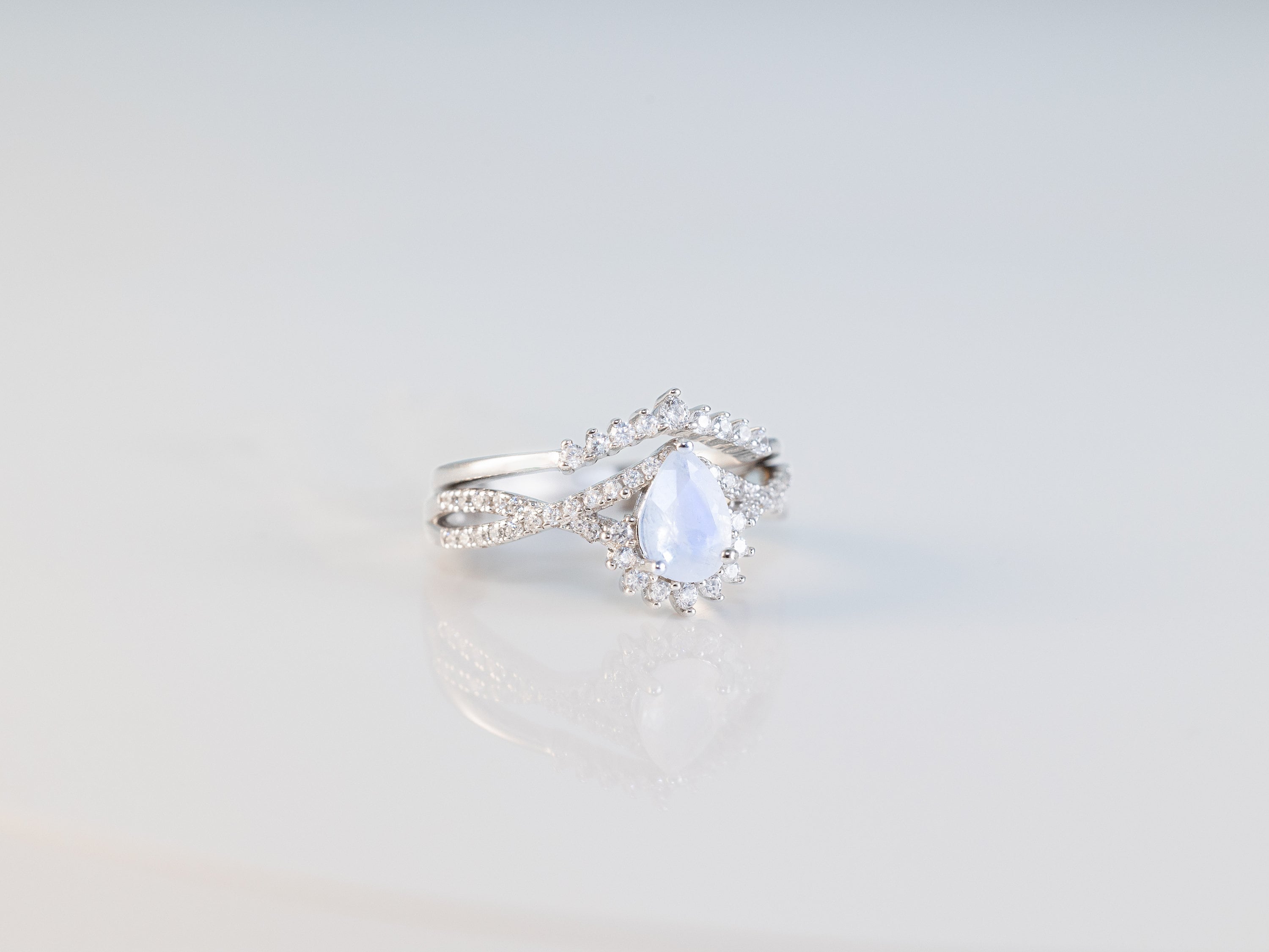 Sky Promise - Natural Moonstone Ring Set, Pear Cut Ring, Vintage Sterling Silver Ring