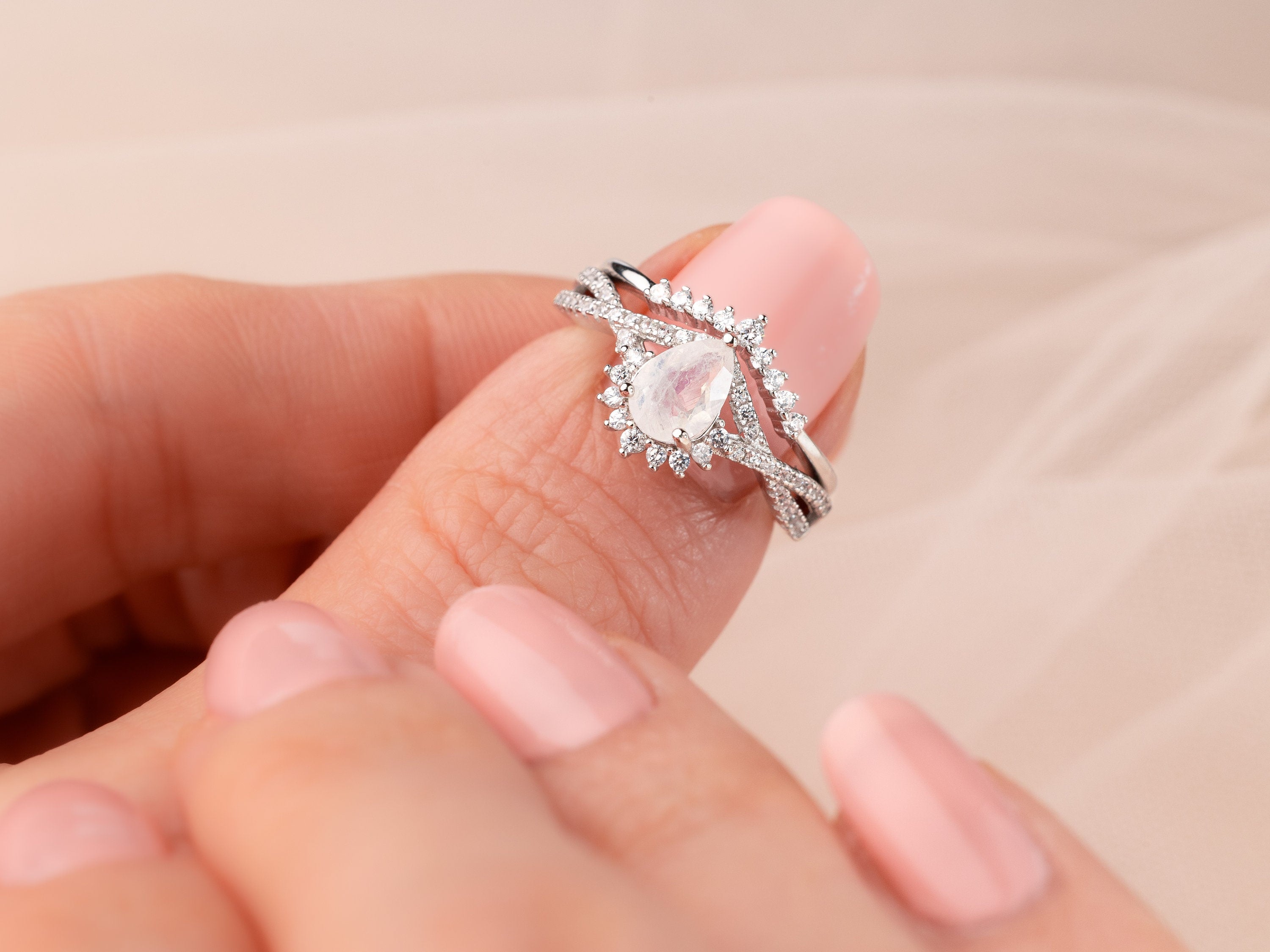 Sky Promise - Natural Moonstone Ring Set, Pear Cut Ring, Vintage Sterling Silver Ring