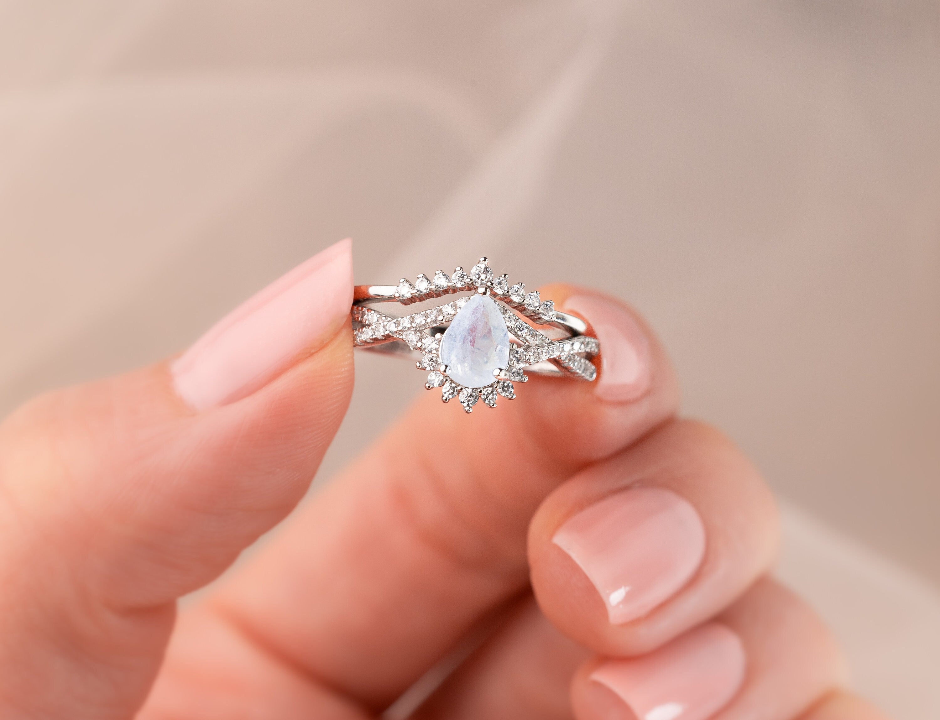Sky Promise - Natural Moonstone Ring Set, Pear Cut Ring, Vintage Sterling Silver Ring