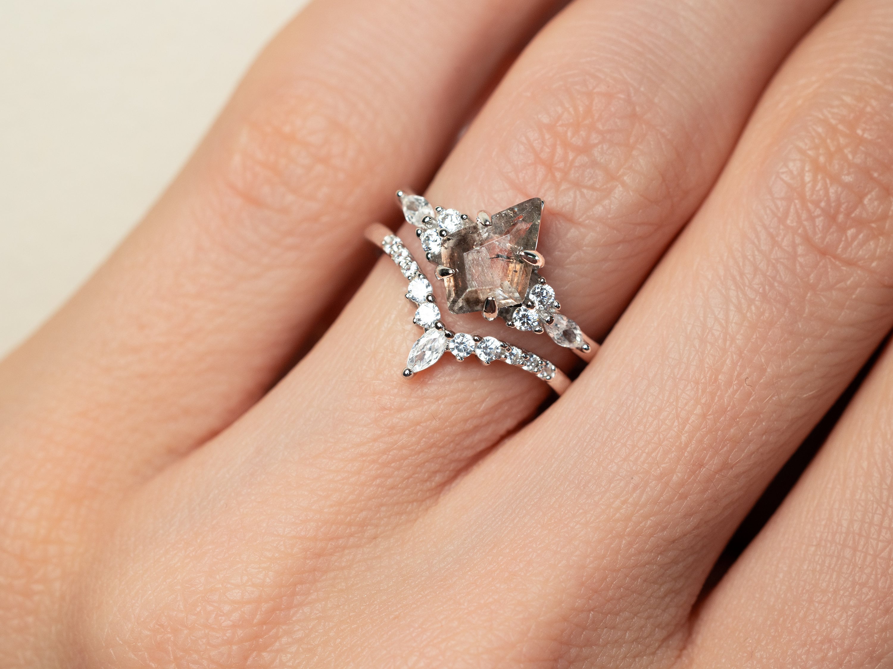 Salt and Pepper Ring, Kite Cut Diamonds Rings, Quartz Ring, Raw Salt and Pepper Diamond Ring, Skye Kite Ring, Silver Engagement Ring
