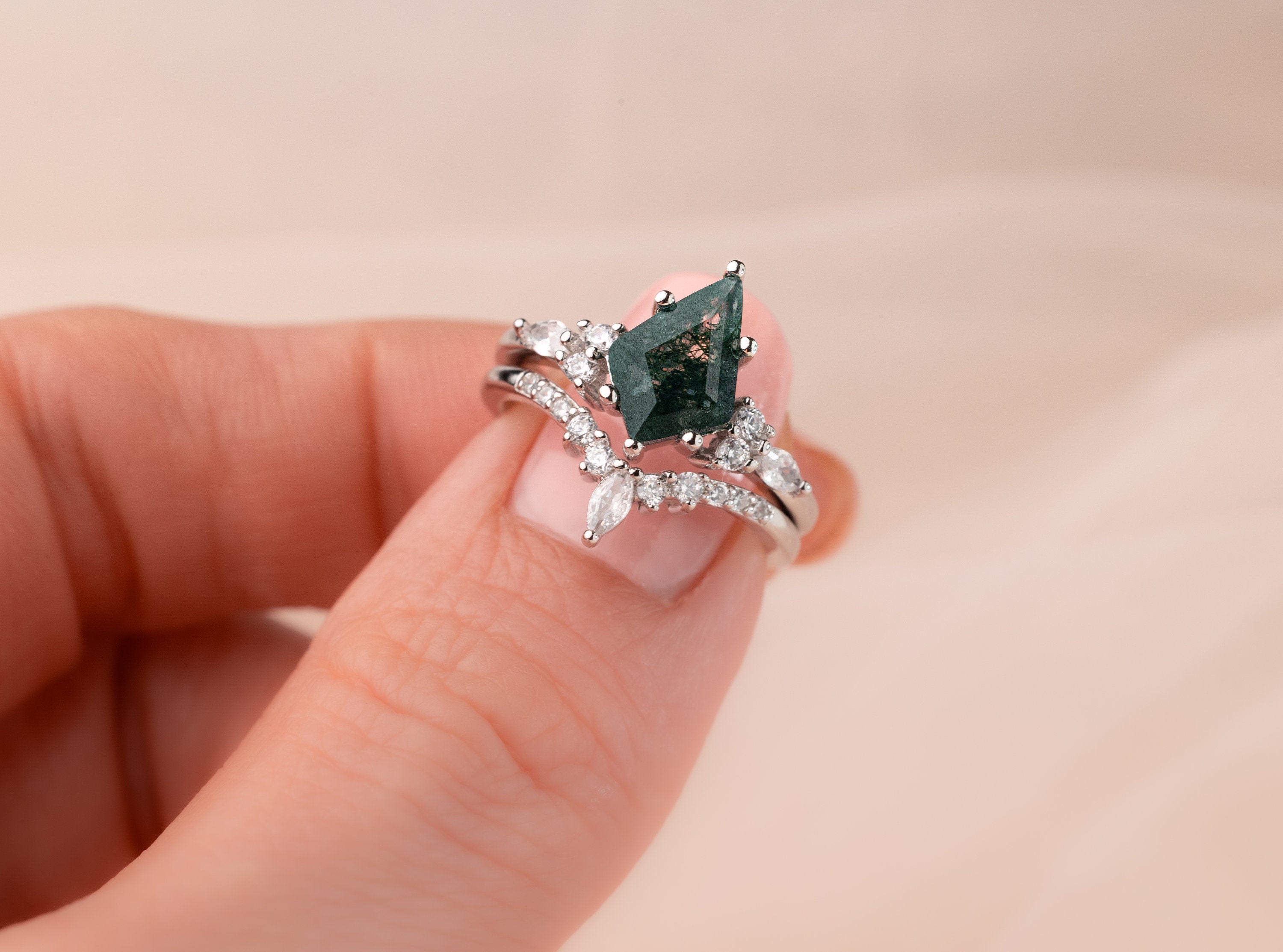 Skye Kite Green Moss Agate Ring, Natural Agate Engagement Ring, Promise Ring with Moss Agate, Sterling Silver Ring, Anniversary Gift for Her