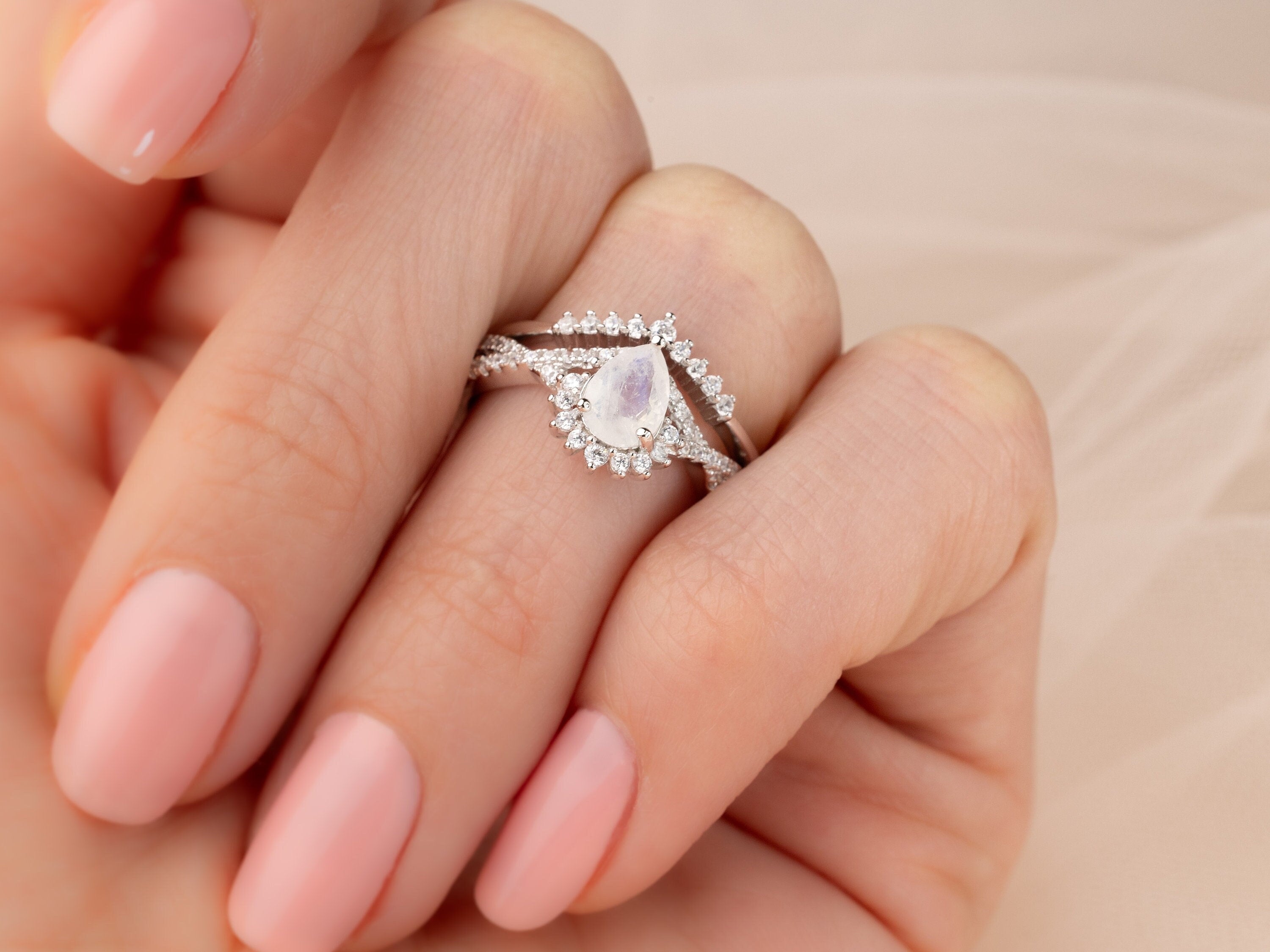 Sky Promise - Natural Moonstone Ring Set, Pear Cut Ring, Vintage Sterling Silver Ring