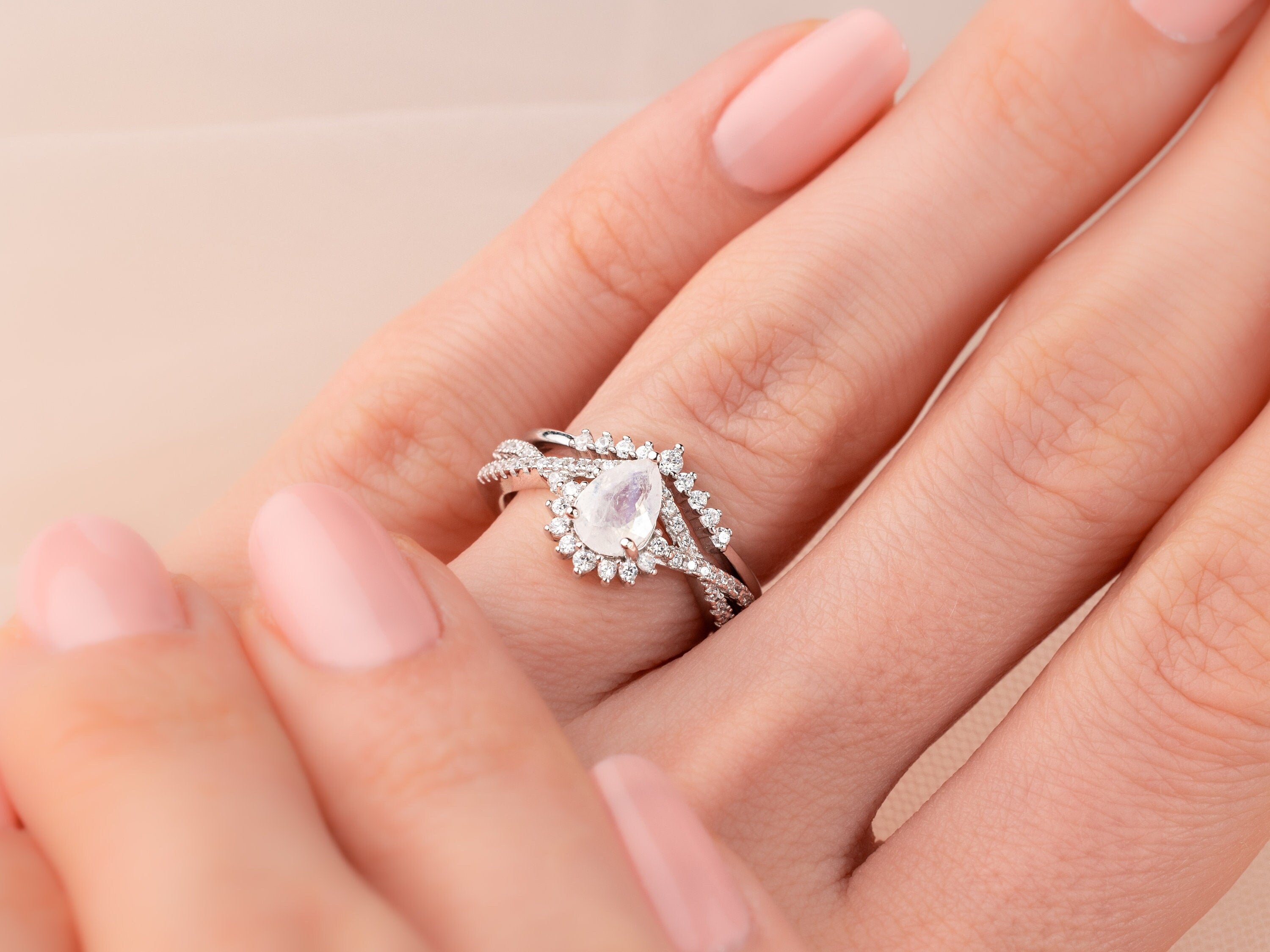 Sky Promise - Natural Moonstone Ring Set, Pear Cut Ring, Vintage Sterling Silver Ring