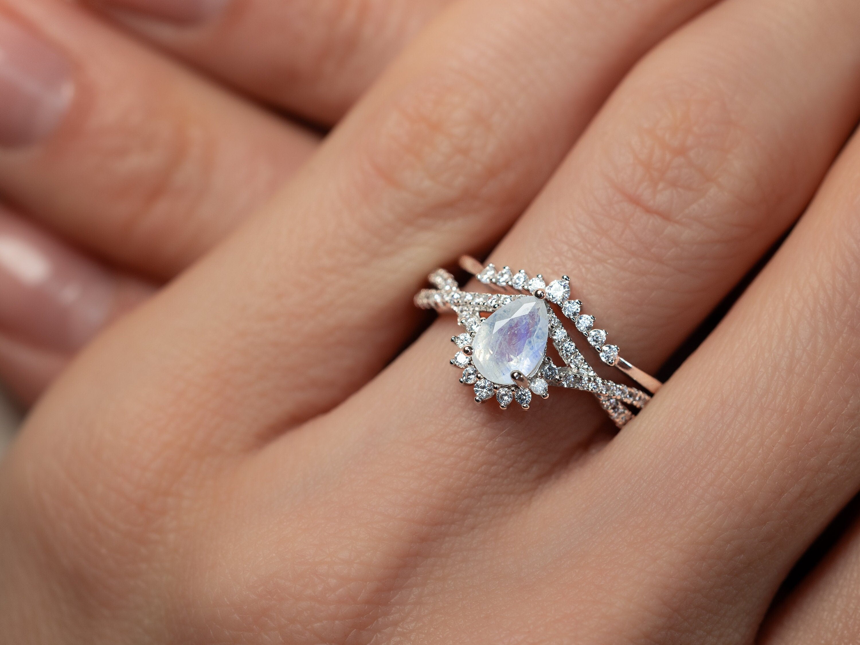 Sky Promise - Natural Moonstone Ring Set, Pear Cut Ring, Vintage Sterling Silver Ring