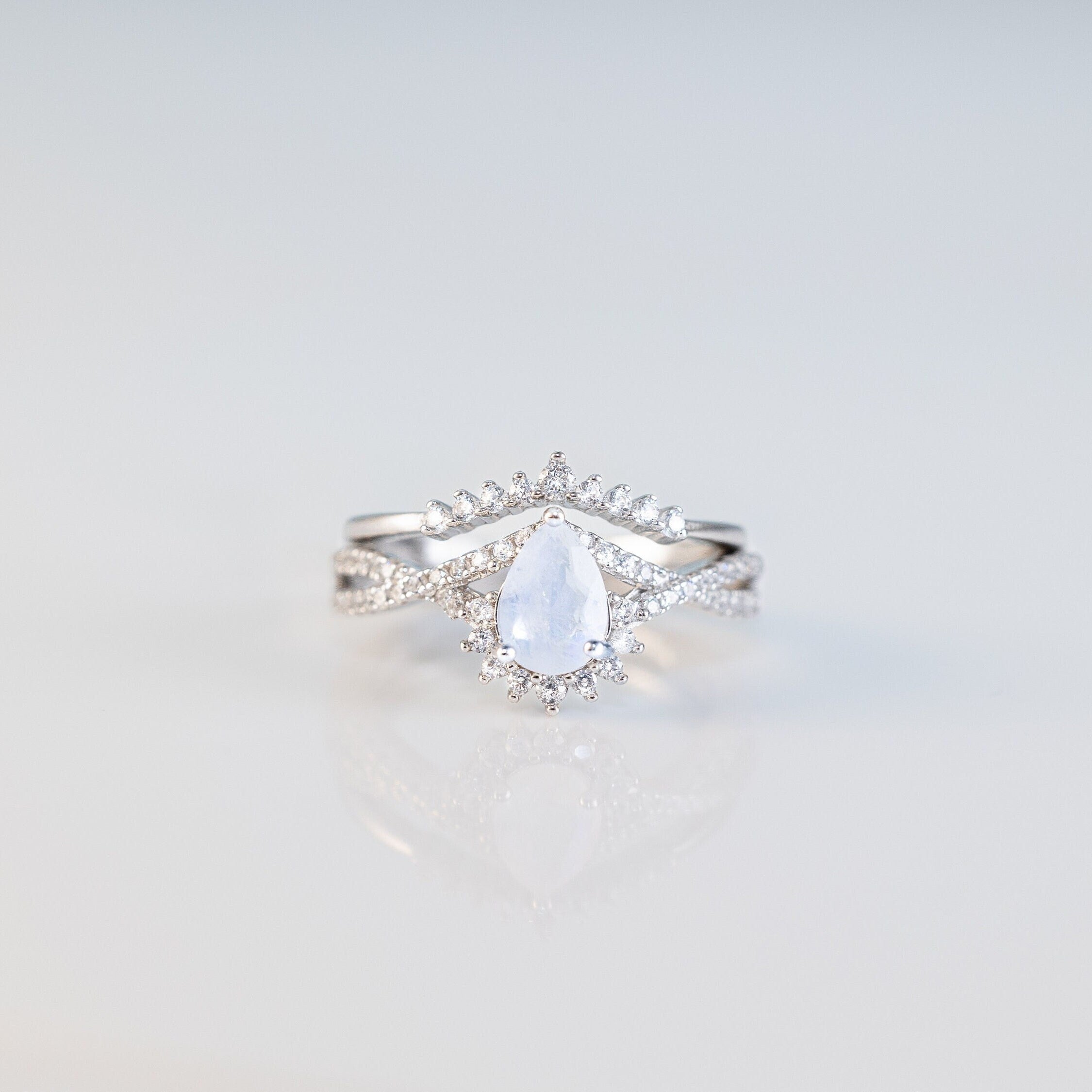 Sky Promise - Natural Moonstone Ring Set, Pear Cut Ring, Vintage Sterling Silver Ring
