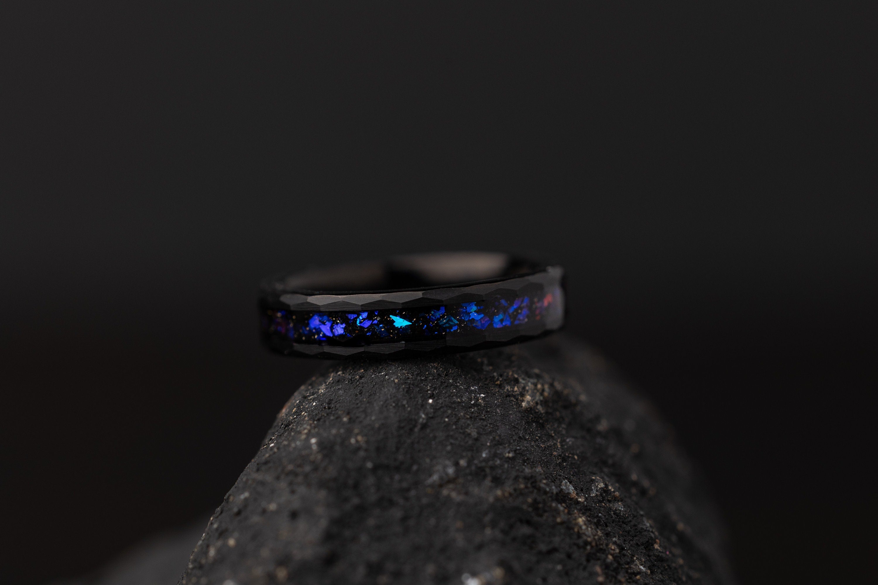 Space Galaxy Ring, Couples Set Space Galaxy Ring, His and Hers Wedding Rings, Hammered Wedding Ring Set, Black Opal and Blue Sandstone Ring