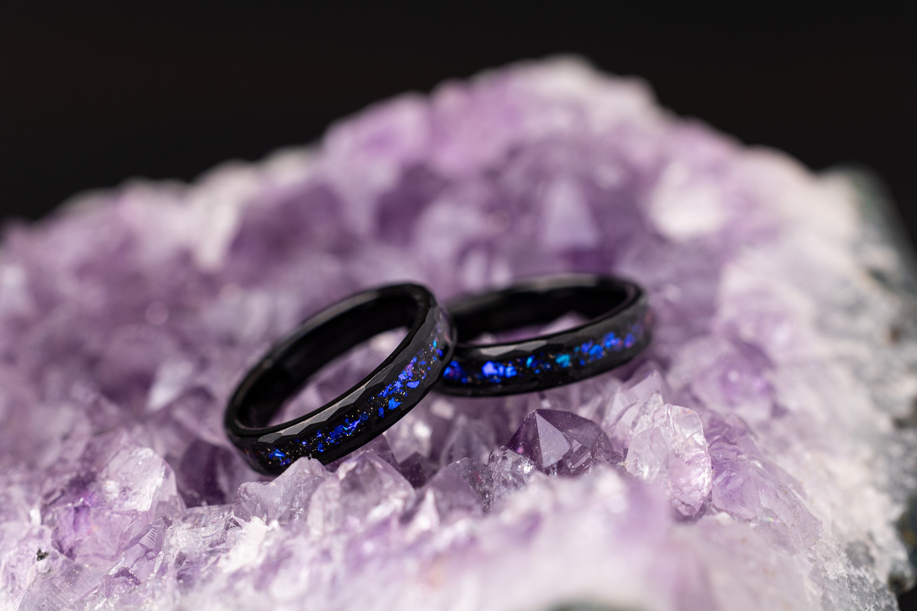 Space Galaxy Ring, Couples Set Space Galaxy Ring, His and Hers Wedding Rings, Hammered Wedding Ring Set, Black Opal and Blue Sandstone Ring