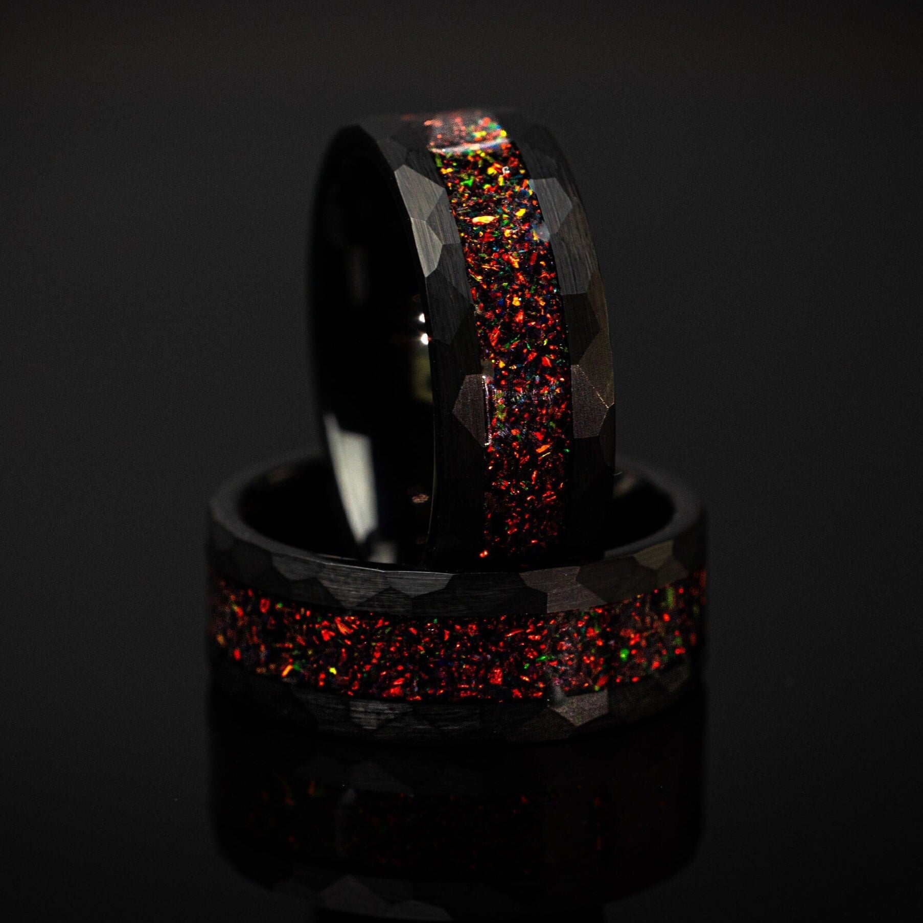 Phoenix Galaxy - Crushed Black Fire Opal, Hammered Opal Ring, 8mm
