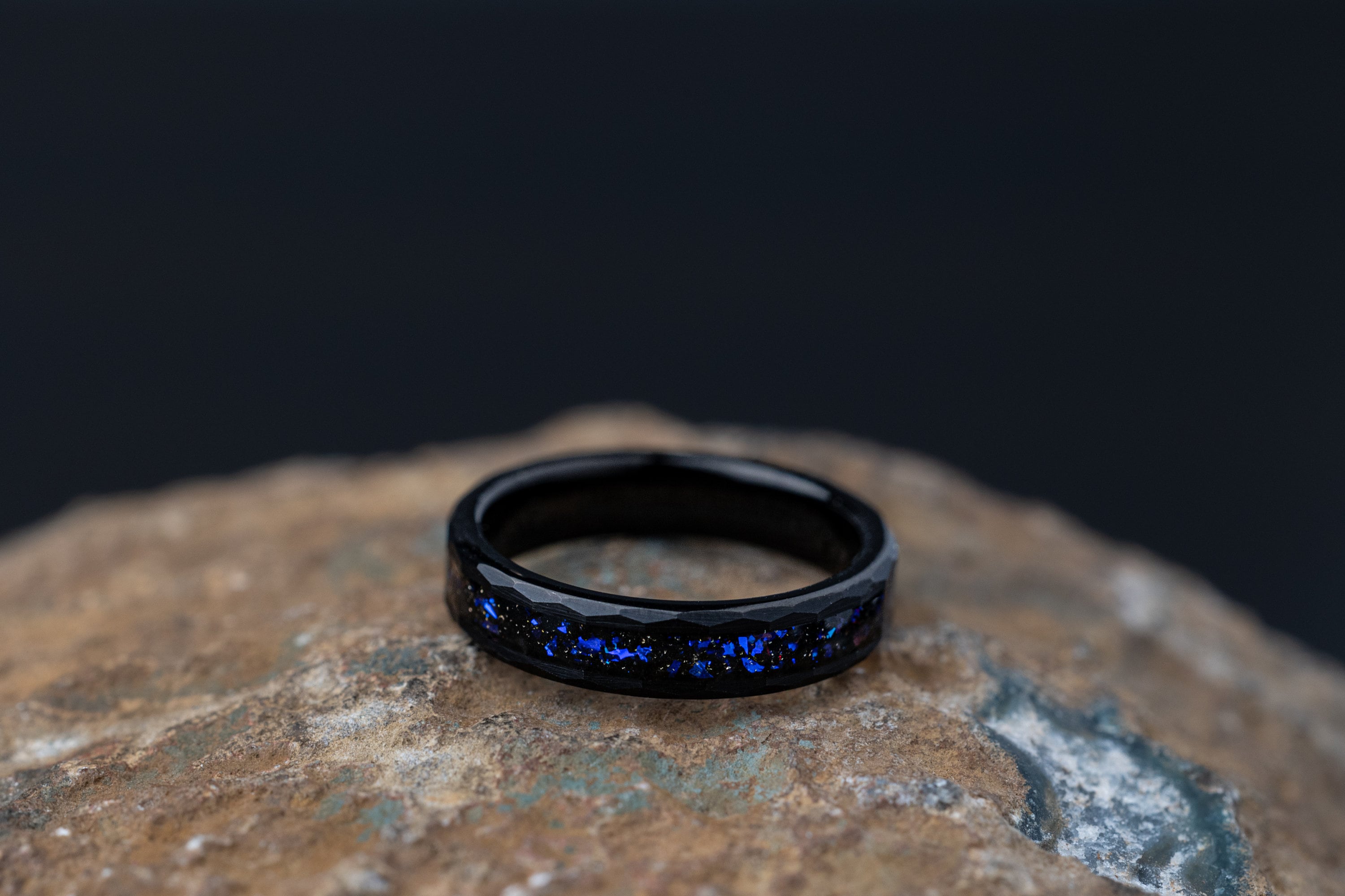 Space Galaxy Ring, Nebula Hammered Ring, Hammered Women's Ring, Black Opal and Blue Sandstone Ring, Nebula Space Ring for Women, 4mm