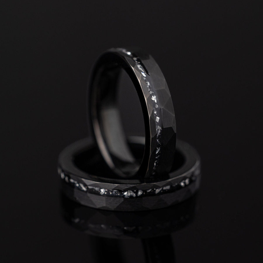 Meteor Fall - Hammered Black Meteorite Tungsten Ring, 4mm Width