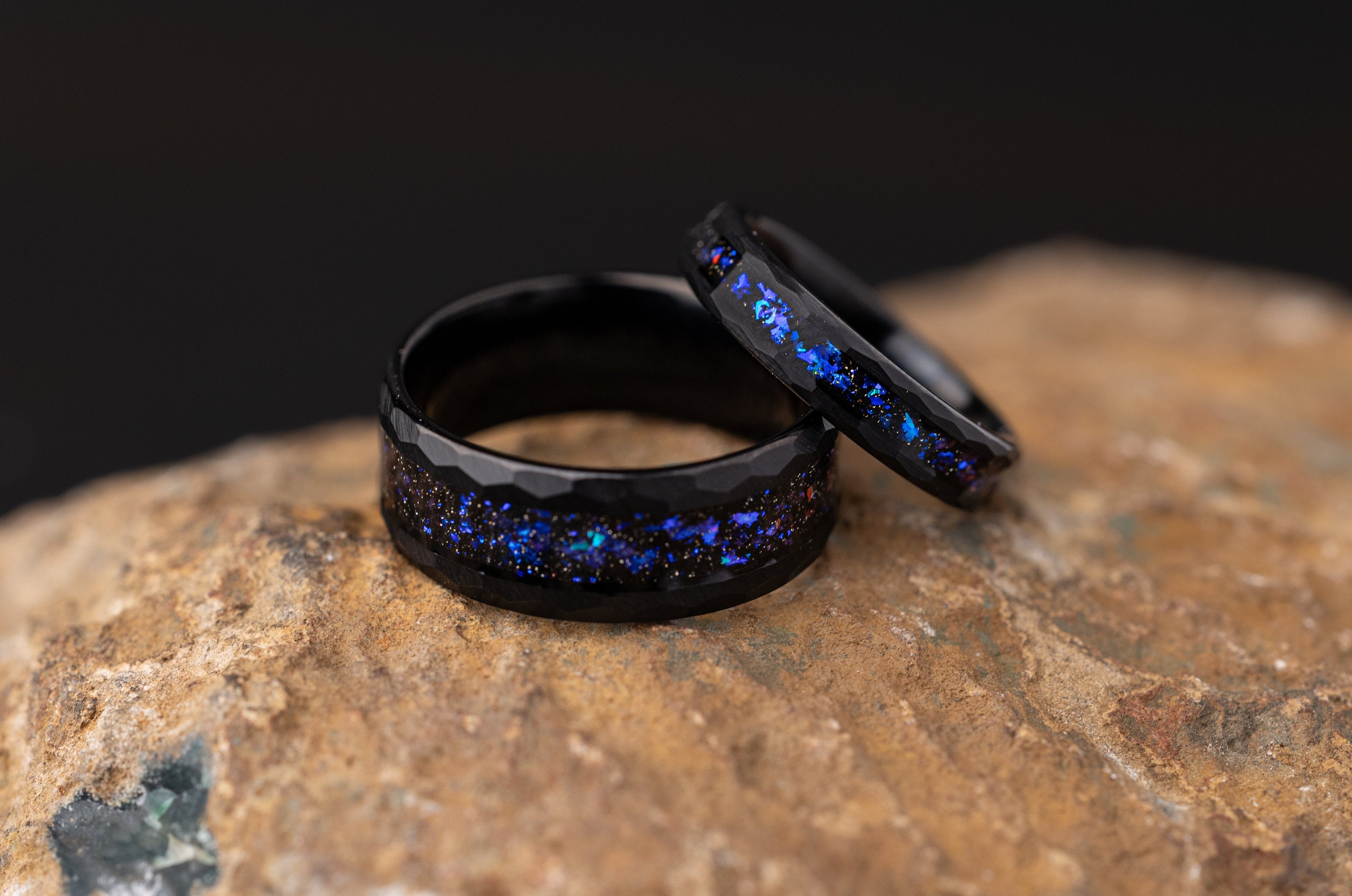 Space Galaxy Ring, Couples Set Space Galaxy Ring, His and Hers Wedding Rings, Hammered Wedding Ring Set, Black Opal and Blue Sandstone Ring