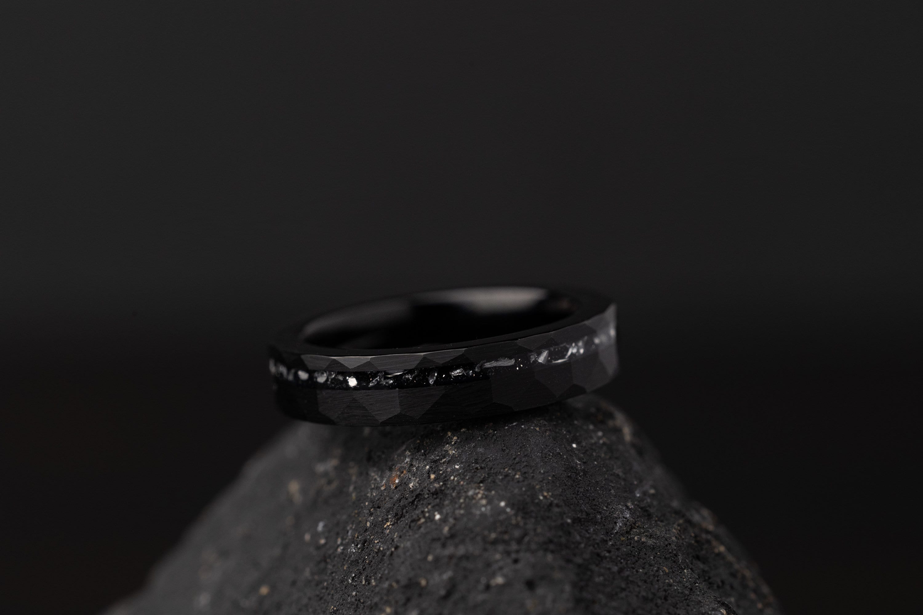 Custom Meteorite Ring, His and Her Rings, Engraved Meteorite Tungsten Ring, Couples Band, Hammered Black Ring, Faceted Ring, Wedding Band