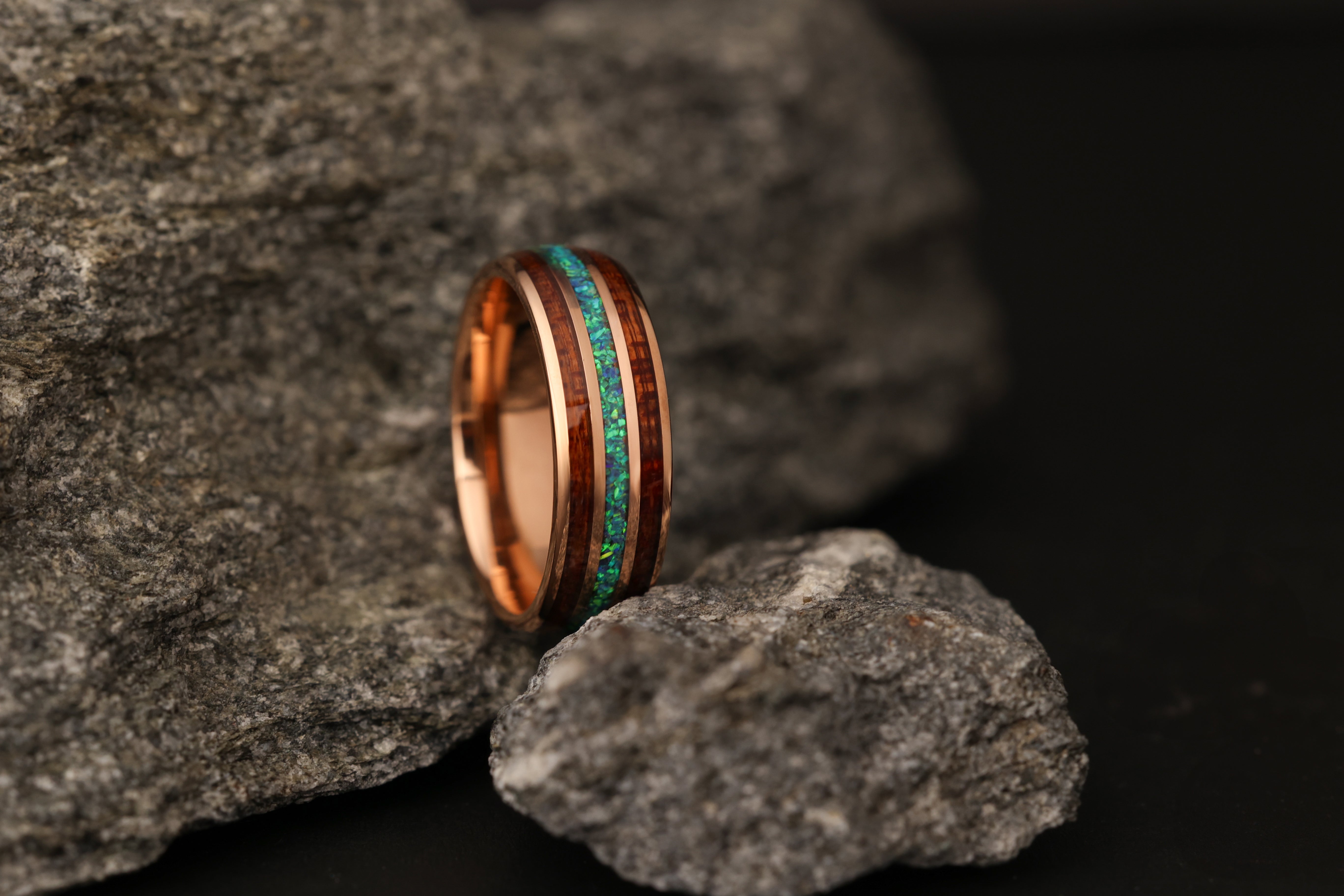 Earthen Wood - Hawaiian Koa Wood & Blue Opal Tungsten Ring, 8mm Width