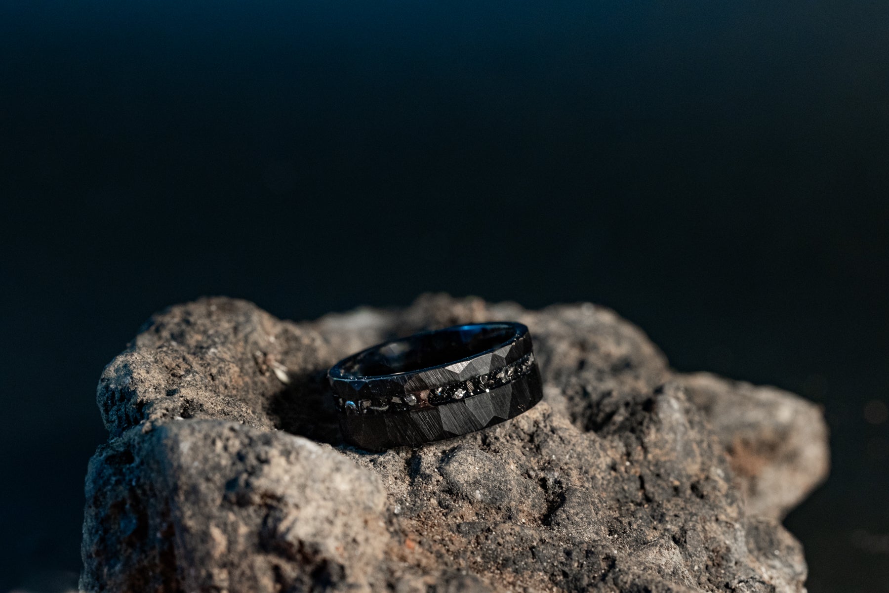 Meteor Fall - Hammered Black Meteorite Tungsten Ring, 8mm Width