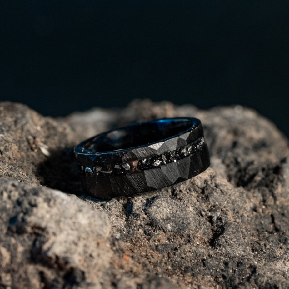 Meteor Fall - Hammered Black Meteorite Tungsten Ring, 8mm Width