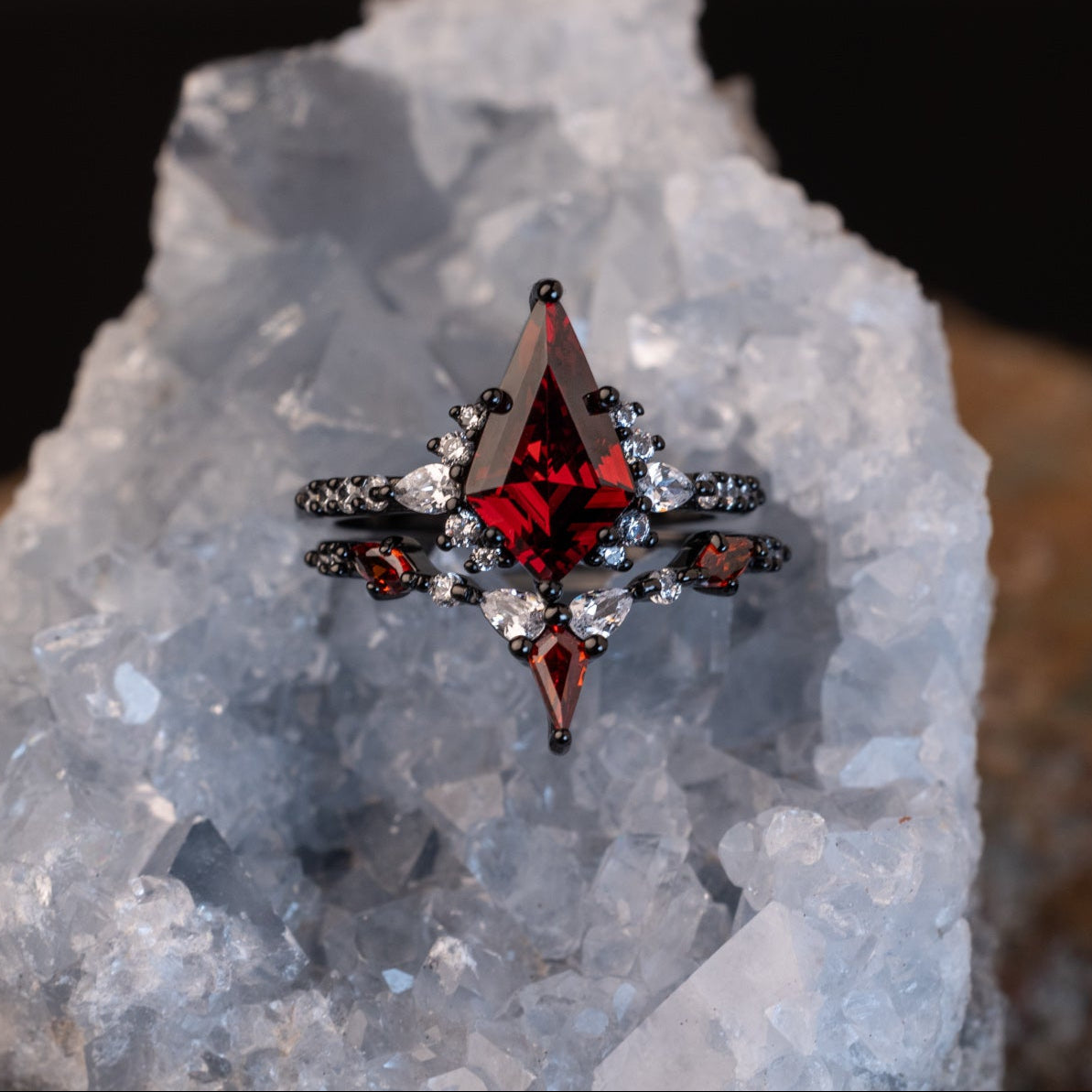 Skyfire - Garnet Ring, Sterling Silver Gun Plated Ring